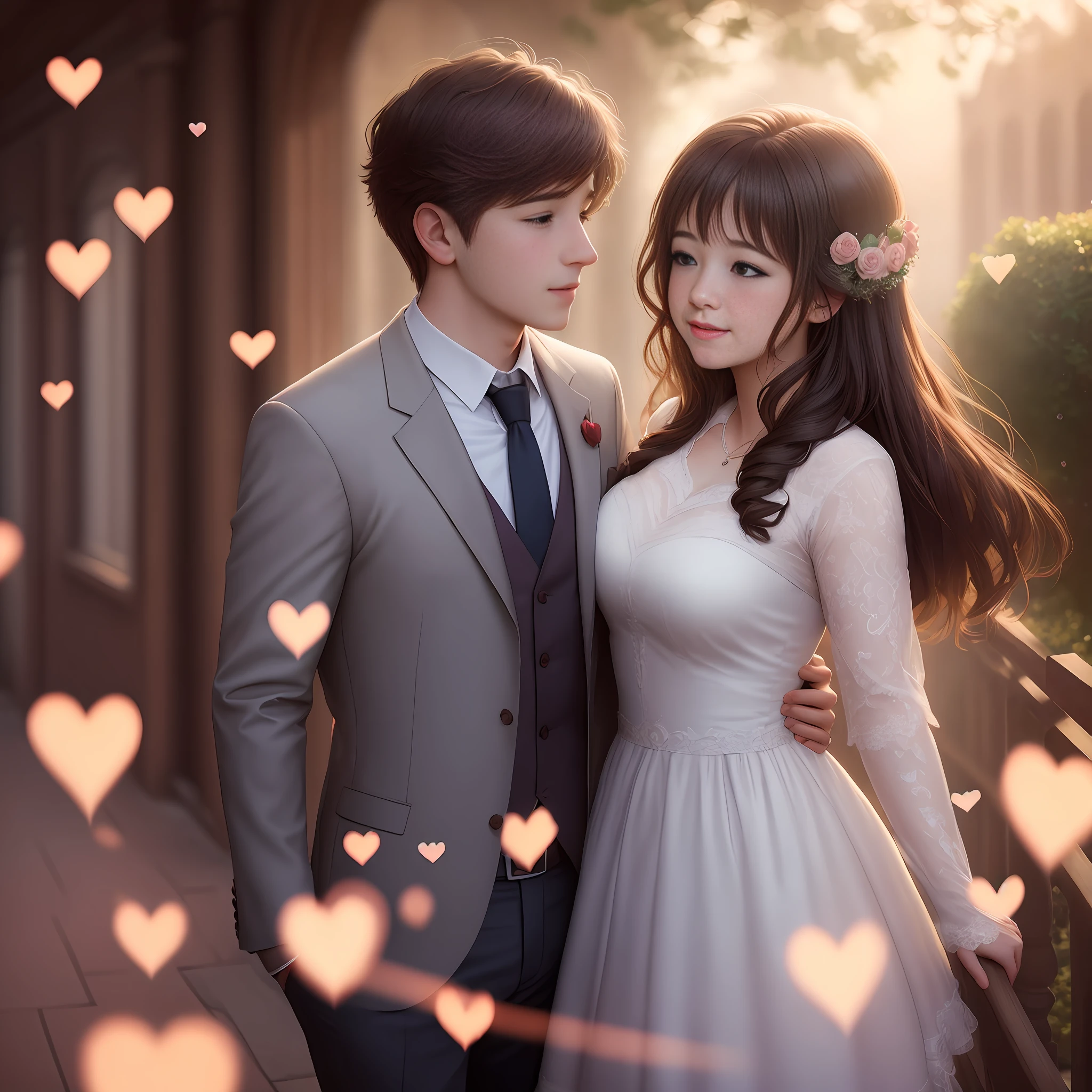 A beautiful young couple in love, romantic, hyper realistic, scenery of hearts, diffused light, many hearts