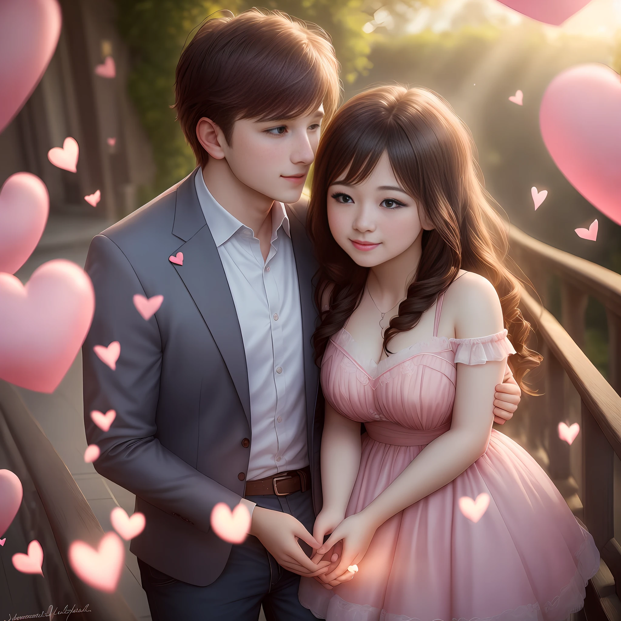 A beautiful young couple in love, romantic, hyper realistic, scenery of hearts, diffused light, many hearts