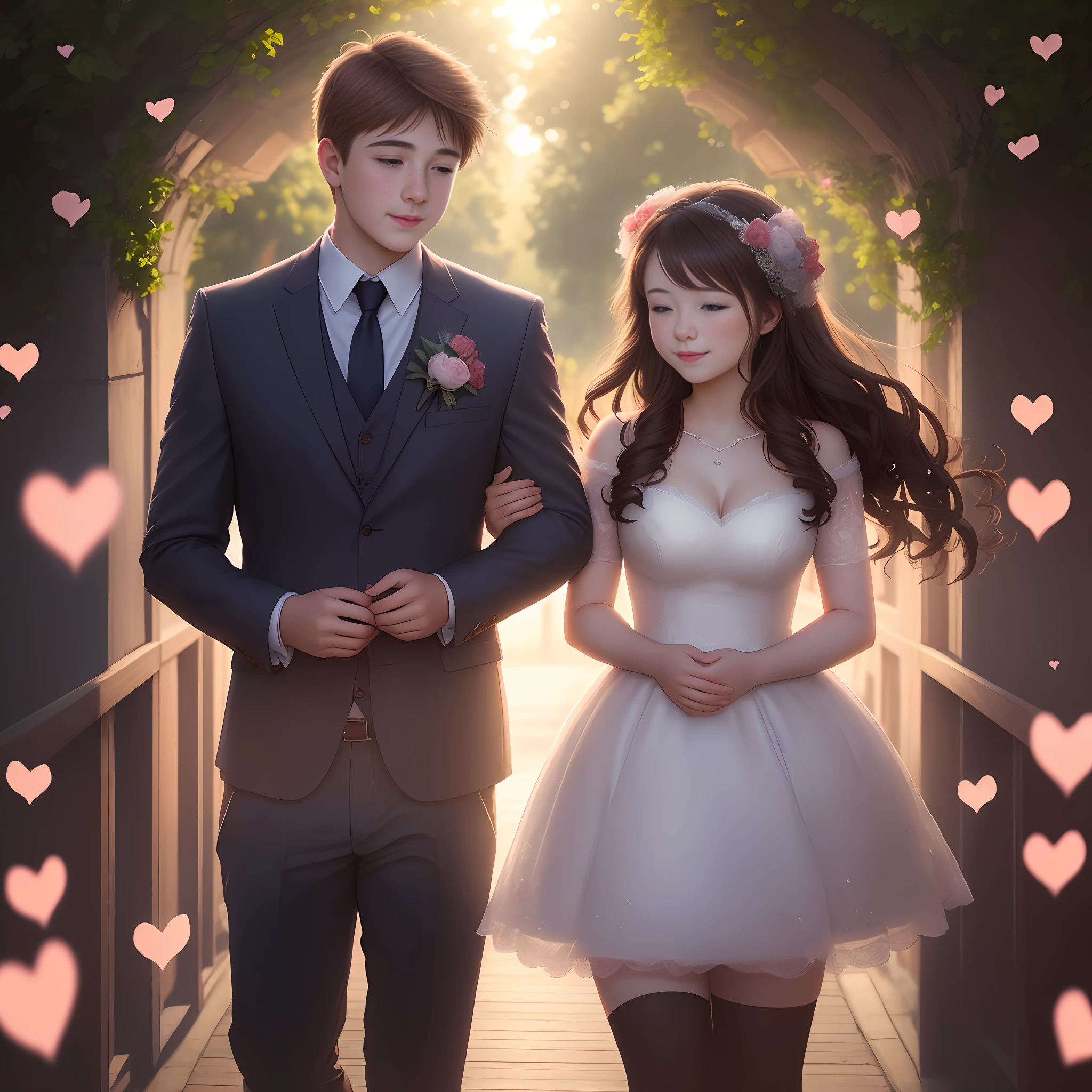 A beautiful young couple in love, romantic, hyper realistic, scenery of hearts, diffused light, many hearts