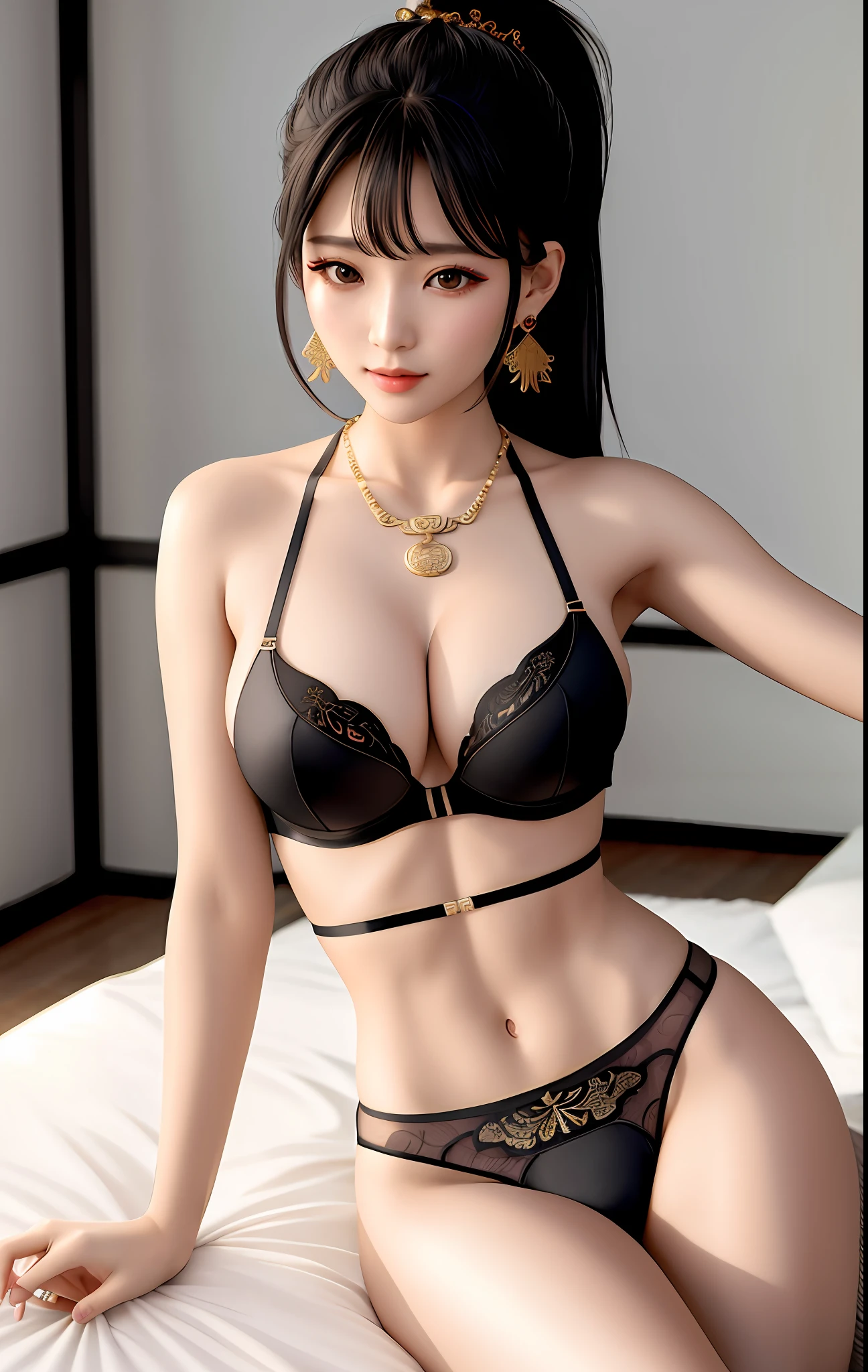 best quality, masterpiece, high_res, 1girl, hair ornament, necklace, jewelry, Beautiful face, tyndall effect, photo realistic, rim lighting, (high detailed skin:1.2), 8k uhd, dslr, soft lighting, high quality, volumetric lighting, candid, Photograph, high resolution, 4k, 8k, Bokeh, medium breasts, absurdres, ancient traditional chinese underwear lingerie, ponytail contorted, best ratio four finger and one thumb, (ulzzang-6500-v1.1:0.9),