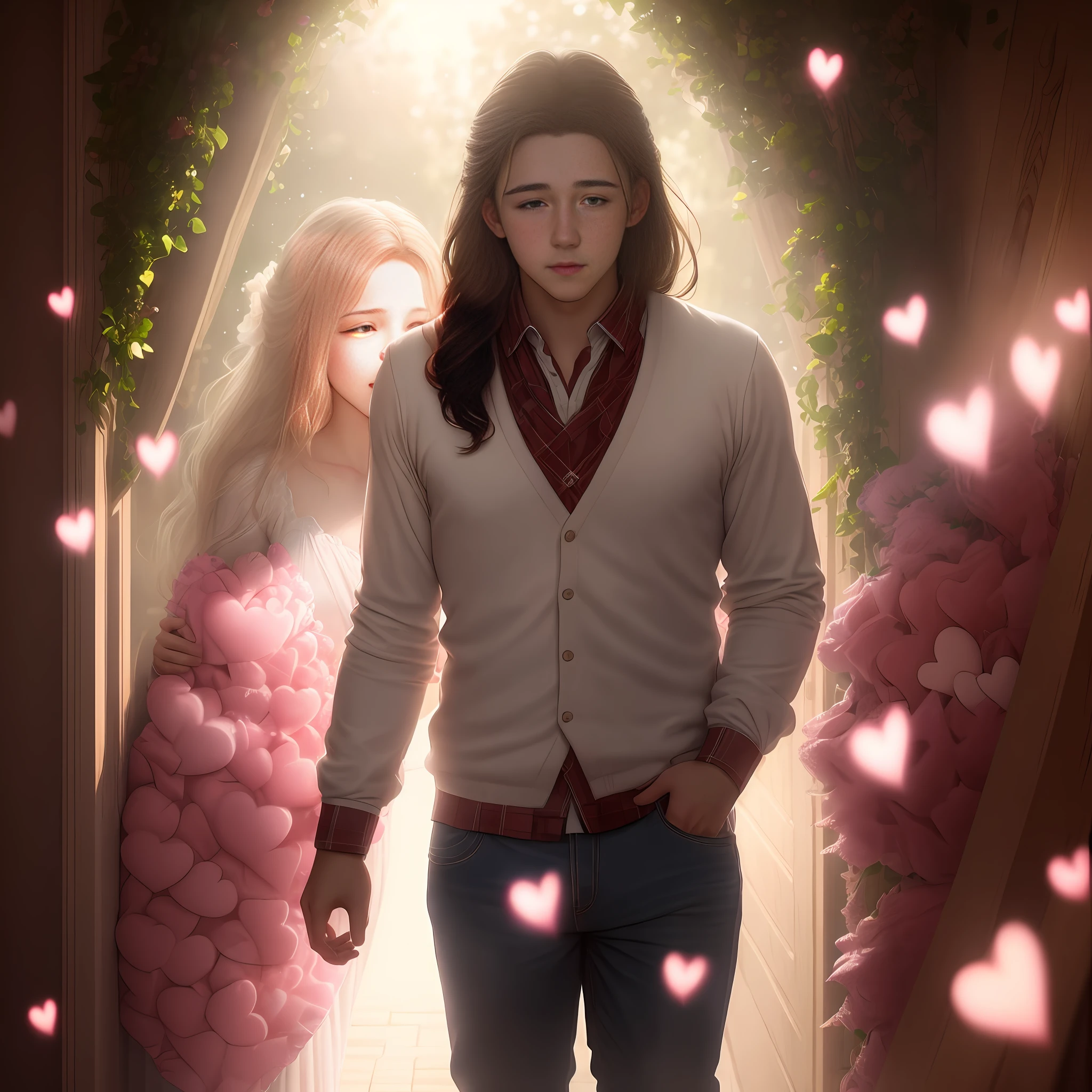 A beautiful young couple in love, romantic, hyper realistic, scenery of hearts, diffused light, many hearts