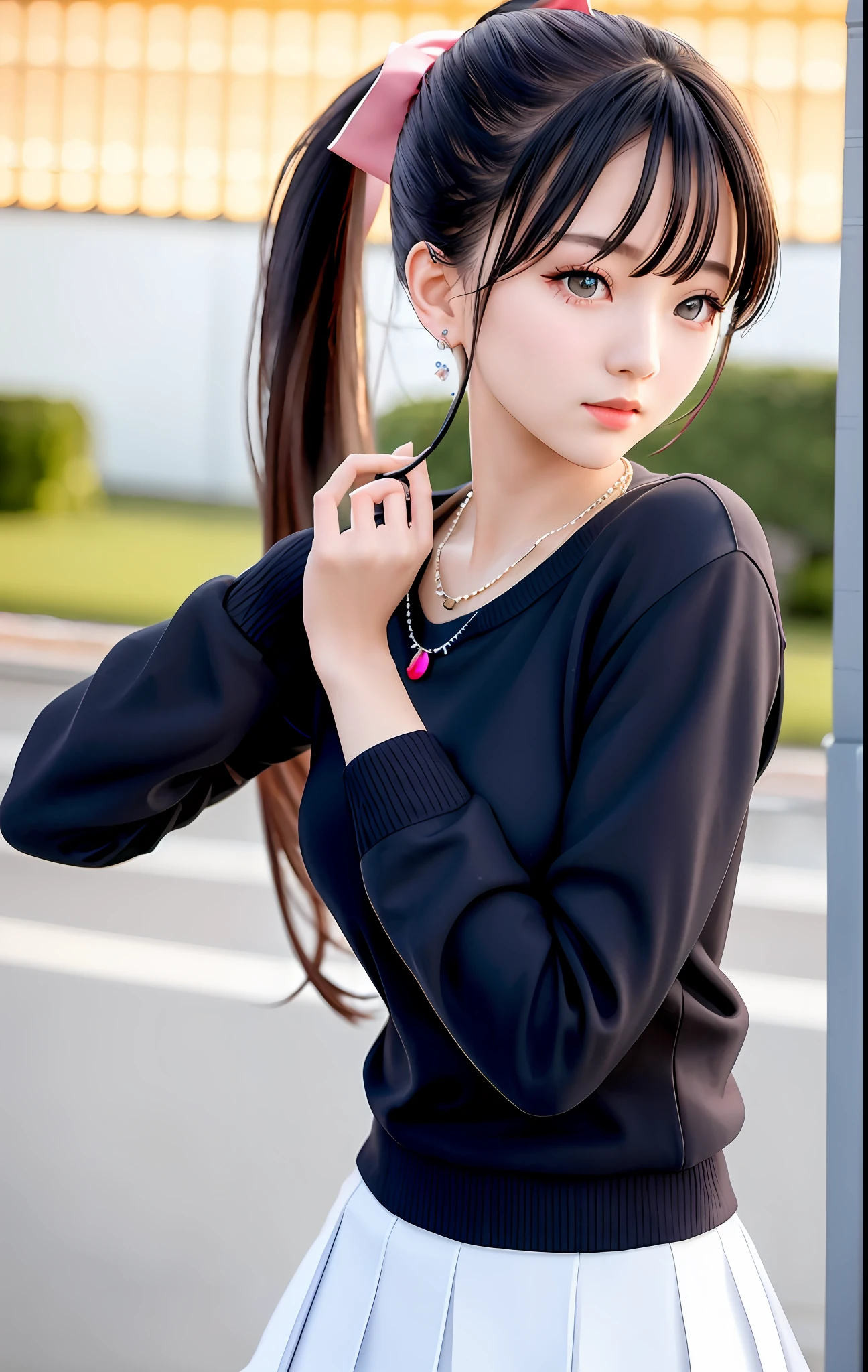 best quality, masterpiece, high_res, 1girl, hair ornament, necklace, jewelry, Beautiful face, tyndall effect, photo realistic, rim lighting, (high detailed skin:1.2), 8k uhd, dslr, soft lighting, high quality, volumetric lighting, candid, Photograph, high resolution, 4k, 8k, Bokeh, medium breasts, absurdres, ponytail contorted, best ratio four finger and one thumb, (ulzzang-6500-v1.1:0.9), school girl uniform,