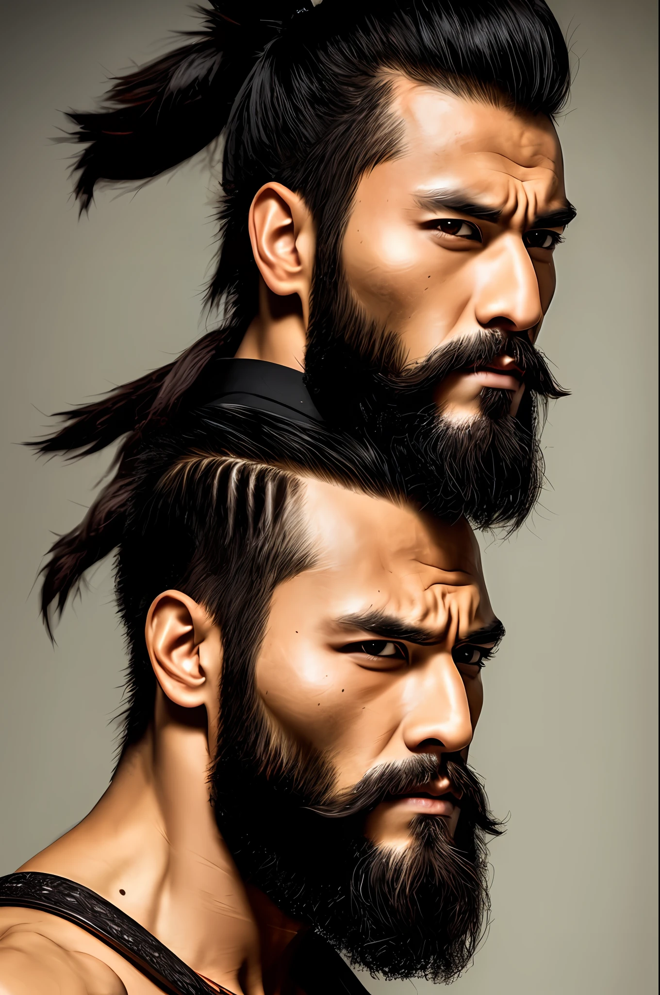 Dangerous warrior with bulky body and samurai hair bun and scars on face and facing front in camera with killer look and black hairs and beards