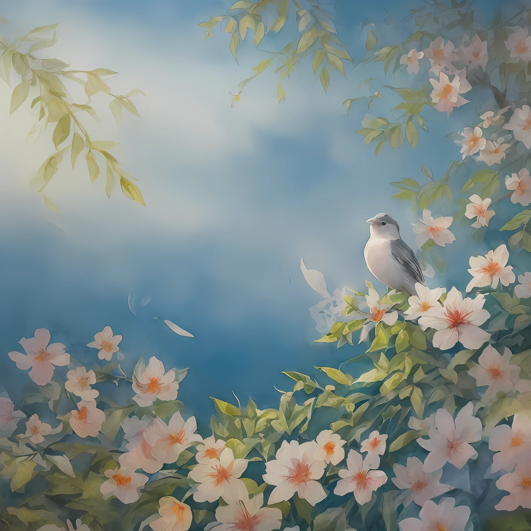 Create a detailed, watercolor painting with SeaArt AI of a bird in a melancholic setting, surrounded by leaves and flowers. Pay attention to achieving a harmonious color palette, lighting, and composition. The artwork should showcase professional-level techniques