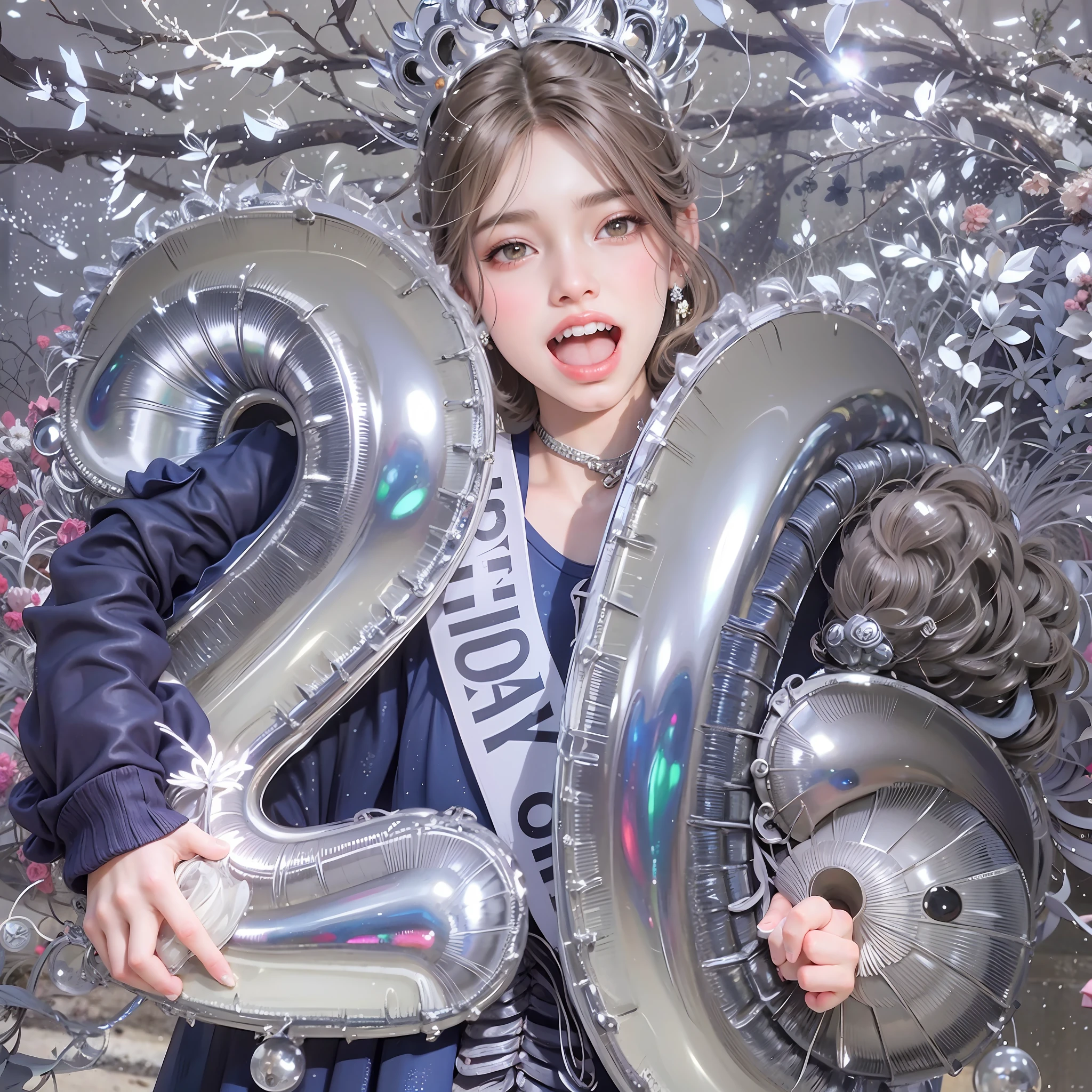 Birthday teenage girl with light brown hair, silver crown, holding silver balloon with number 26, laughing happily, she wears black coat, photo of feminine woman, standing in front of silver reflective background, happy lovely girl , soft light, portrait of jossi in blackpink, e-girl