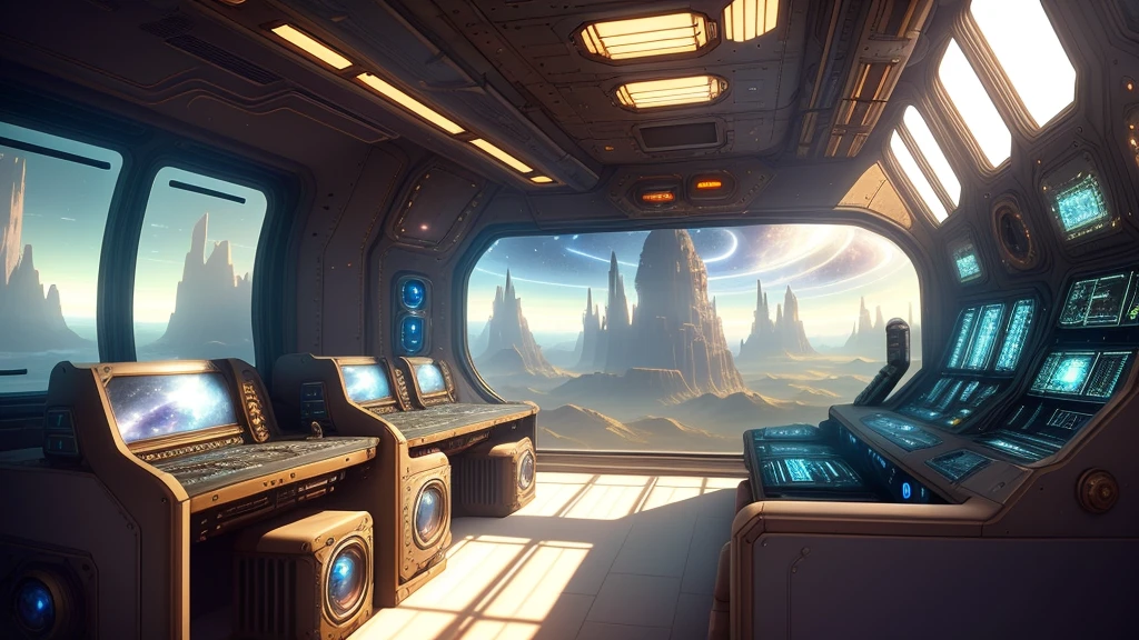 steampunk exterior of a spaceship. Through the windows you can see the landscape of an alien planet, the entire space is full of work consoles with electronic devices and screens, full-HD
