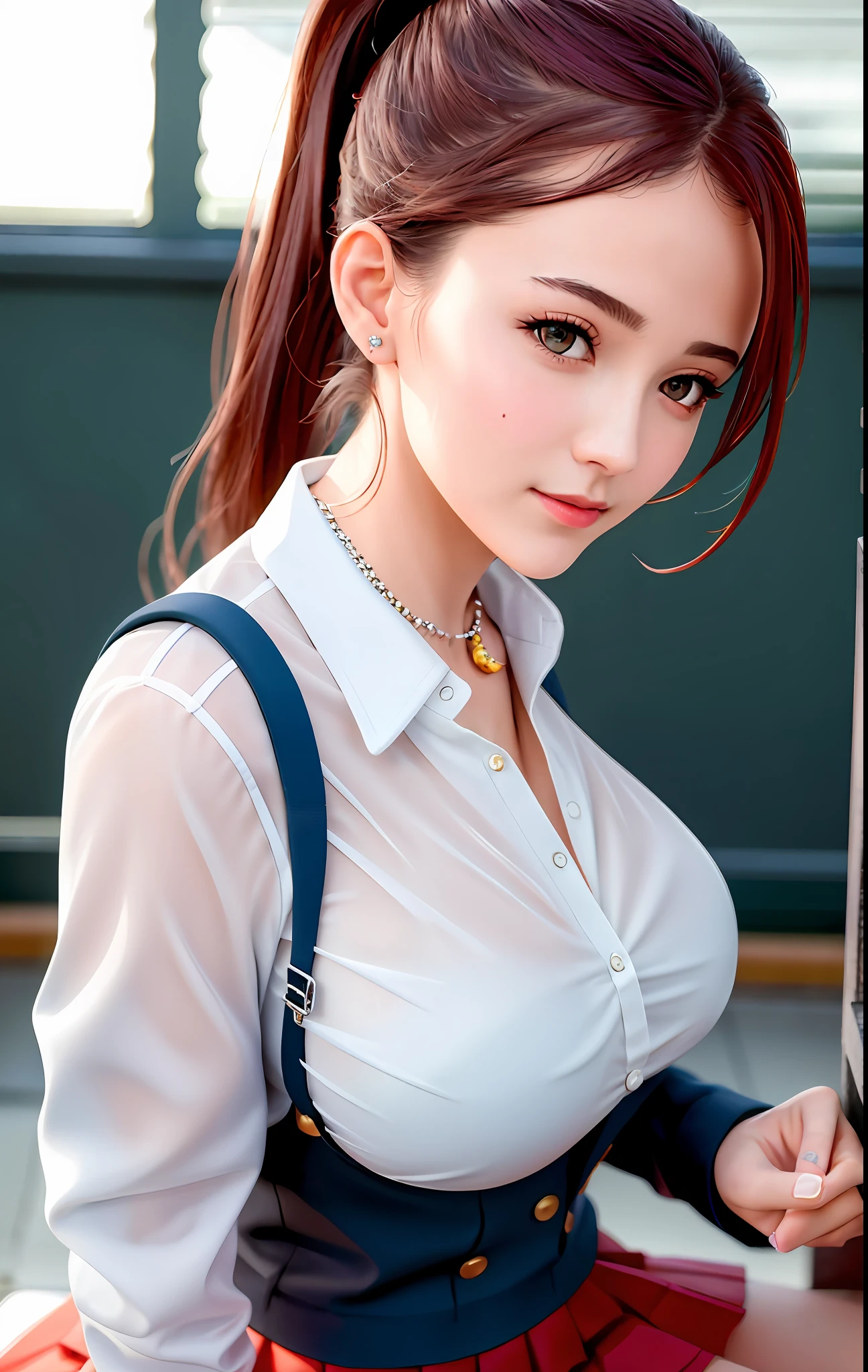 best quality, masterpiece, high_res, 1girl, hair ornament, necklace, jewelry, Beautiful face, tyndall effect, photo realistic, rim lighting, (high detailed skin:1.2), 8k uhd, dslr, soft lighting, high quality, volumetric lighting, candid, Photograph, high resolution, 4k, 8k, Bokeh, medium breasts, absurdres, ponytail contorted, best ratio four finger and one thumb, wet school girl uniform,