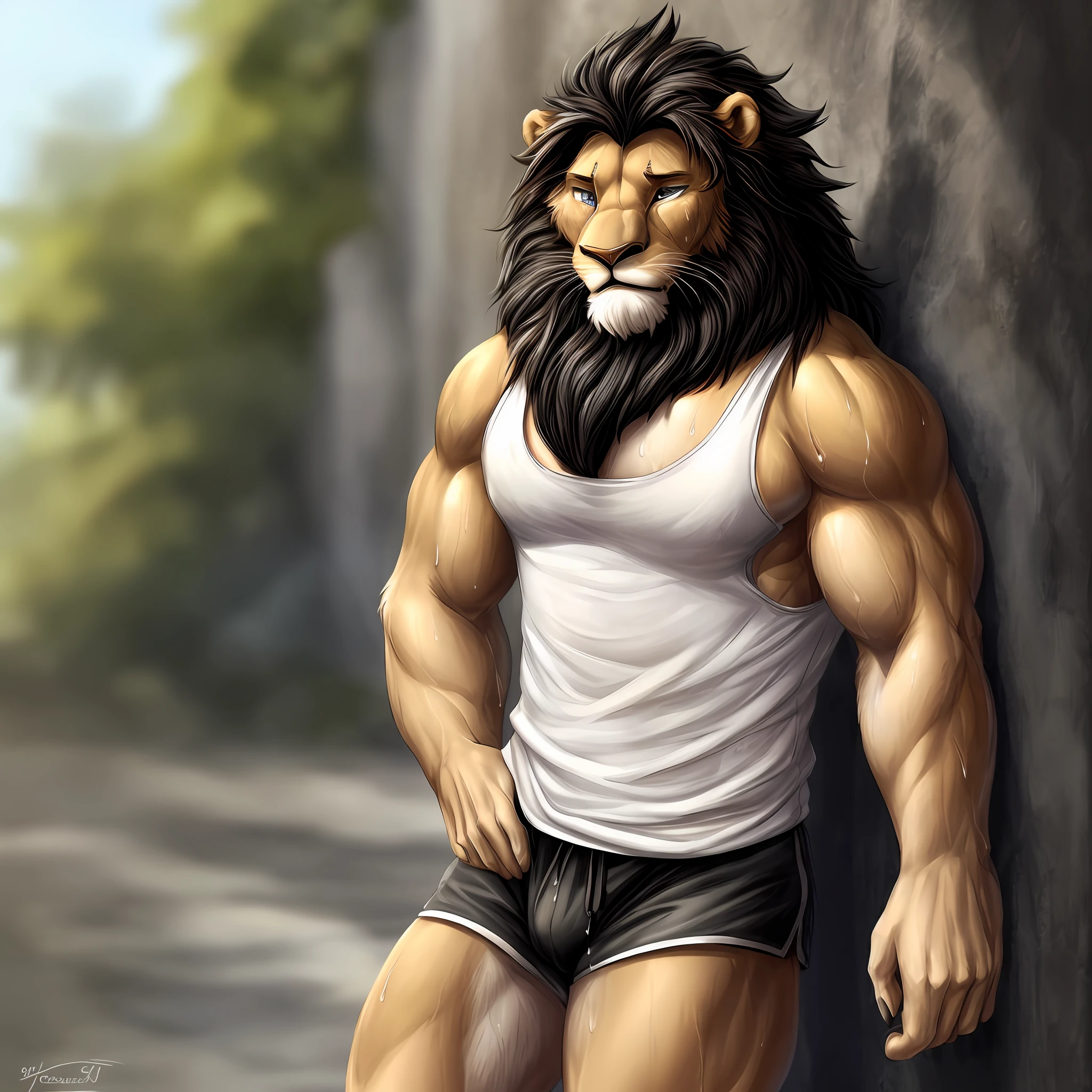 "anthro male lion with light grey fur, a lighter snout, and a black short mane. Blue irises glisten in the eyes of the fit creature, whose anatomy is rendered with utmost accuracy. The lion projects a kind, yet exhausted expression as he breathes hard and steams in the heat. Drops of sweat drip down his body as he stands alone, wearing white tank top and dark shorts." solo character
