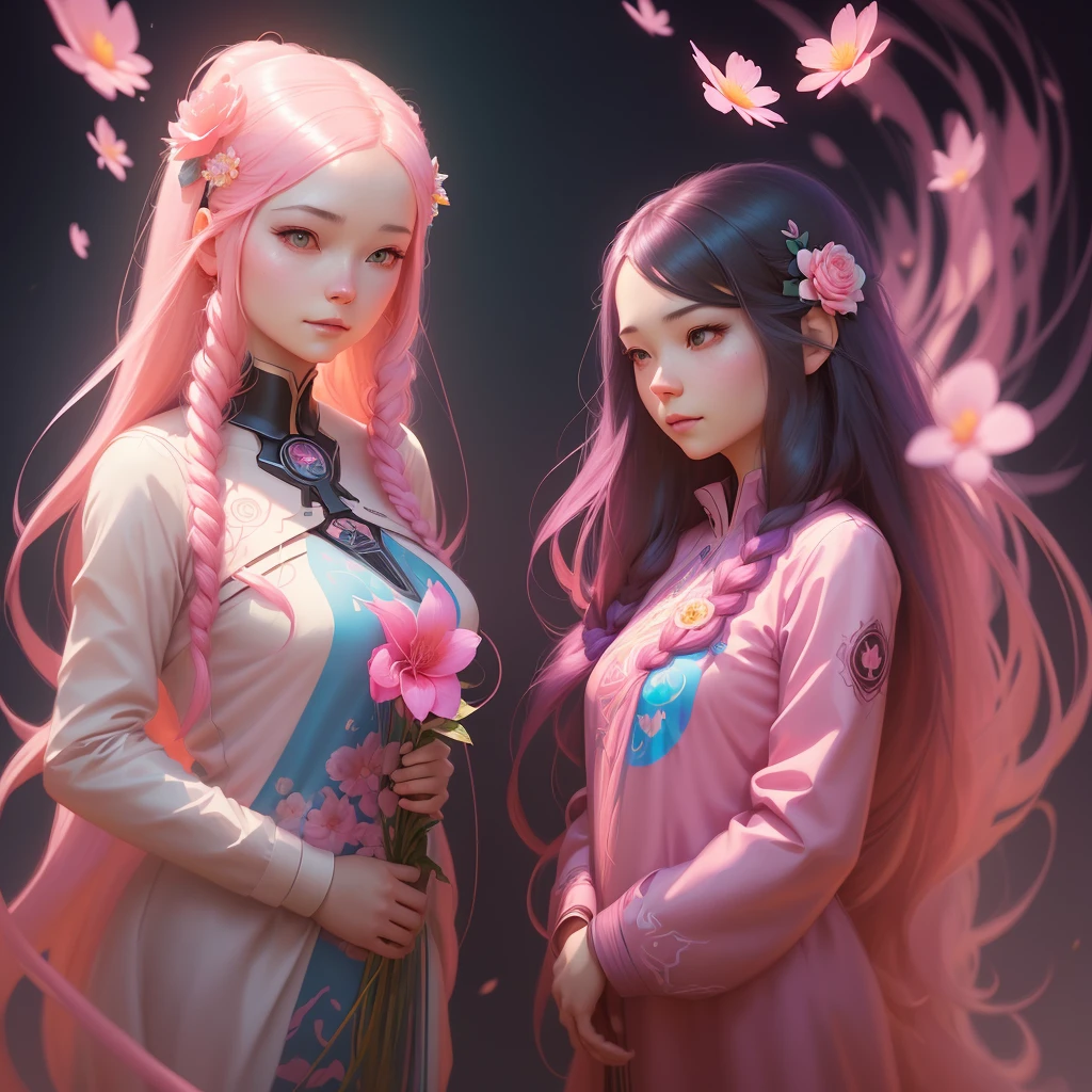 a woman with long hair and a pink flower in her hair, digital art by Ross Tran, trending on Artstation, digital art, beeple and jeremiah ketner, beeple and james jean, loish and ross tran, yuri shwedoff and tom bagshaw, ross tran 8 k, loish and wlop, stunning digital illustration