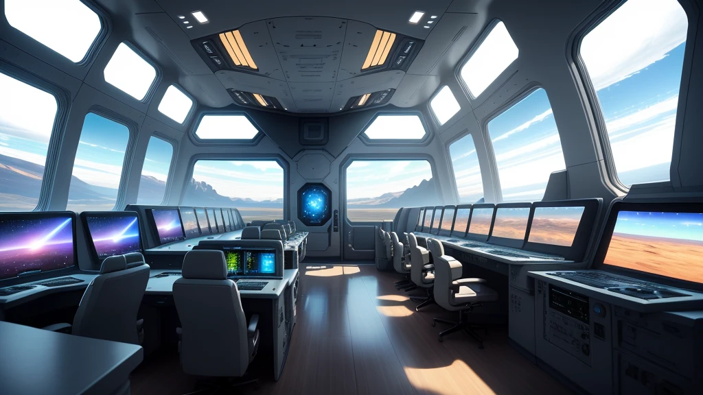 exterior of a HIGH FLYING spaceship. Through the windows you can see the landscape of an alien planet, the entire space is full of work consoles with electronic devices and screens, full-HD