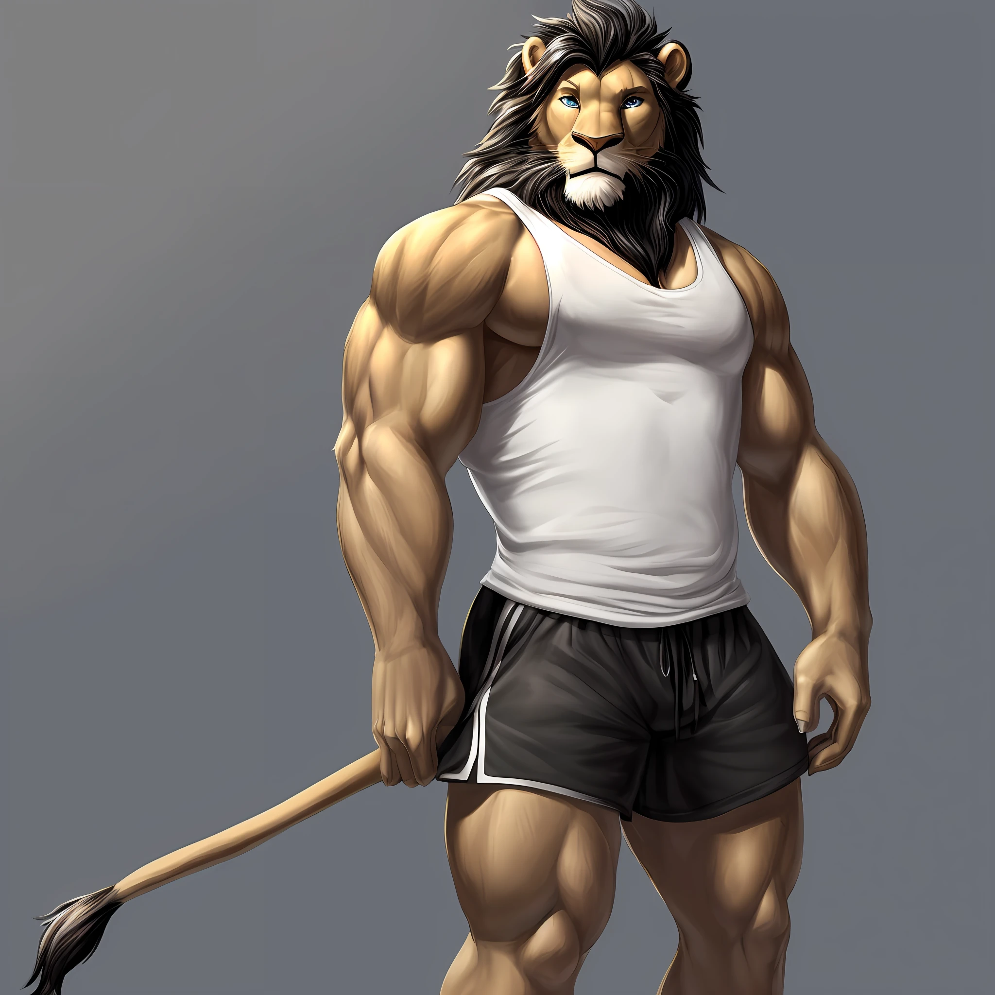 "anthro male lion with light grey fur, a lighter snout, and a black short mane. Blue irises glisten in the eyes of the fit creature, whose anatomy is rendered with utmost accuracy. The lion projects a kind,  he stands alone, wearing white tank top and dark shorts." solo character