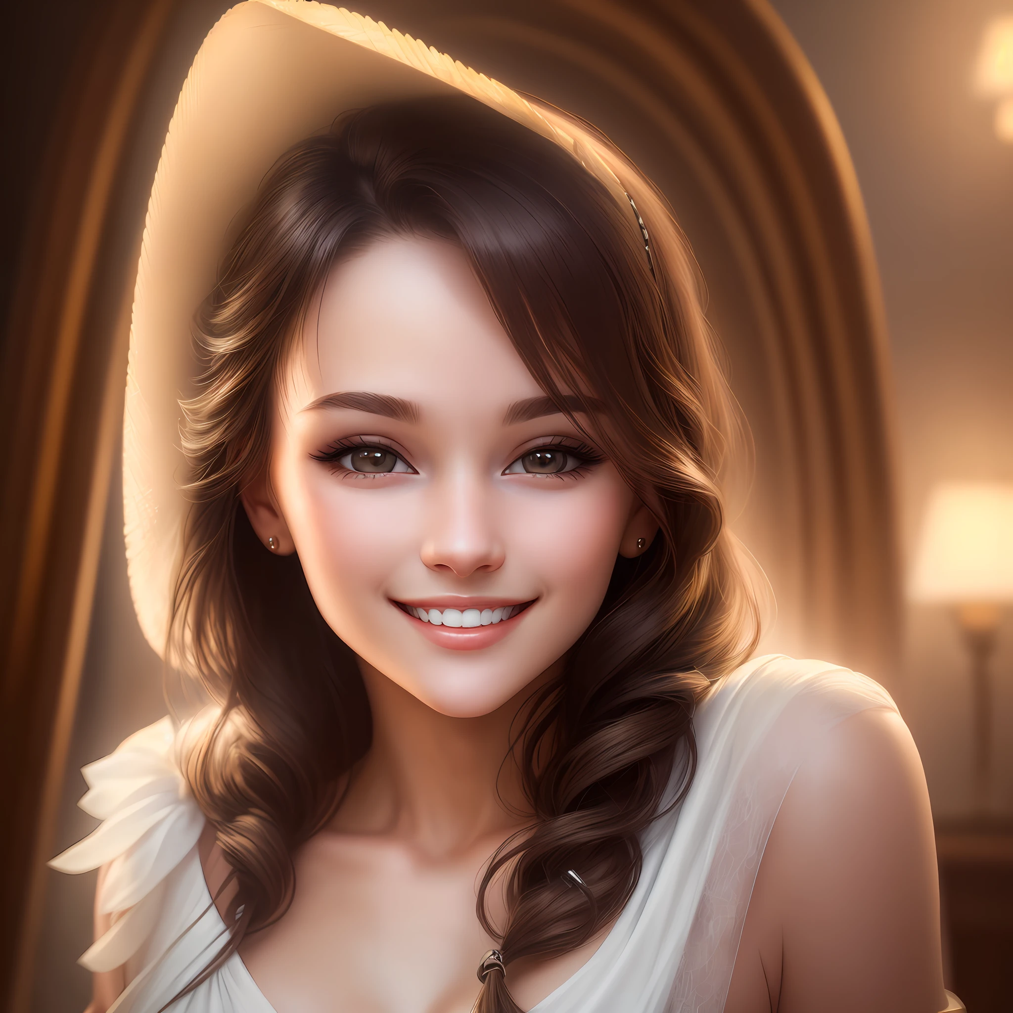 Gorgeous young woman, perfect smile, close-up, (ultra realistic:1,1), ((masterpiece)), (diffuse light)