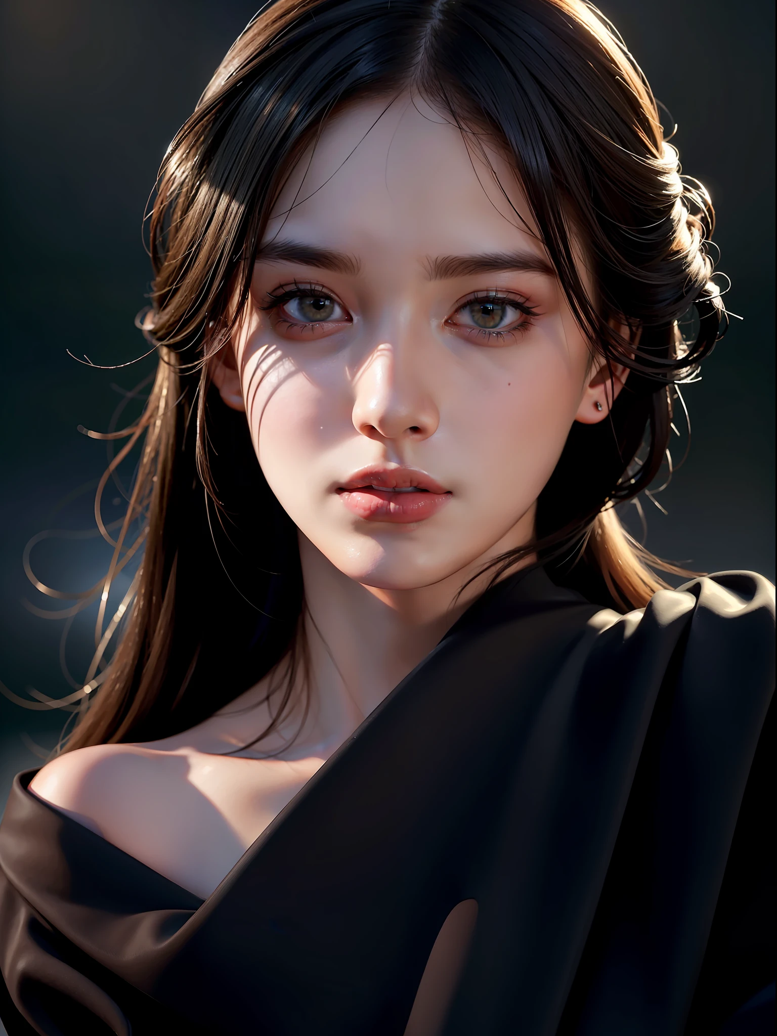 Best quality, masterpiece, ultra high res, (photorealistic:1.4), raw photo, 1girl, offshoulder, in the dark, deep shadow, low key, cold light, at a busy traffic
