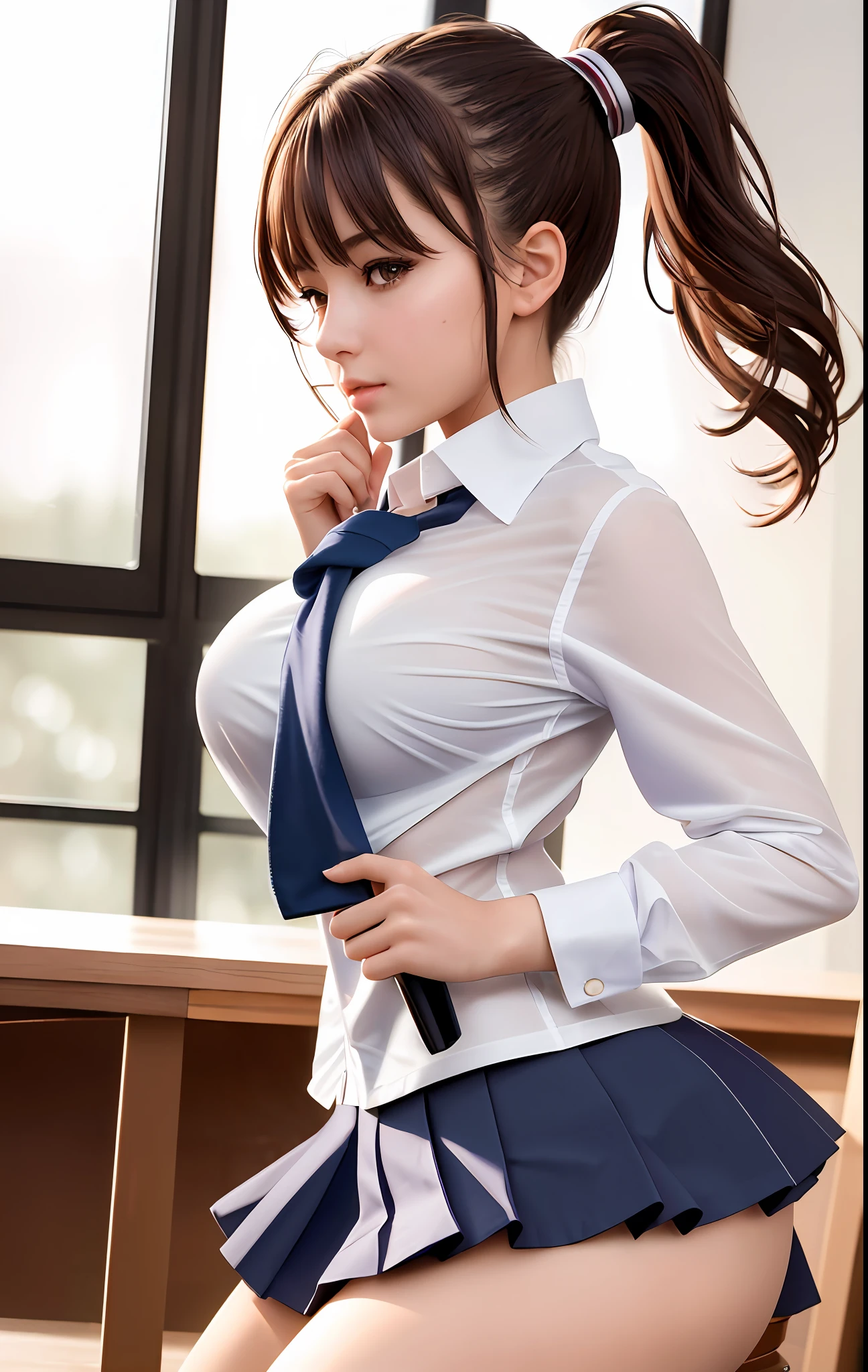 best quality, masterpiece, high_res, 1girl, Beautiful face, photo realistic, rim lighting, (high detailed skin:1.2), 8k uhd, dslr, high quality, high resolution, 4k, 8k, Bokeh, medium breasts, absurdres, ponytail contorted, best ratio four finger and one thumb, school girl sport uniform, soaked shirt,