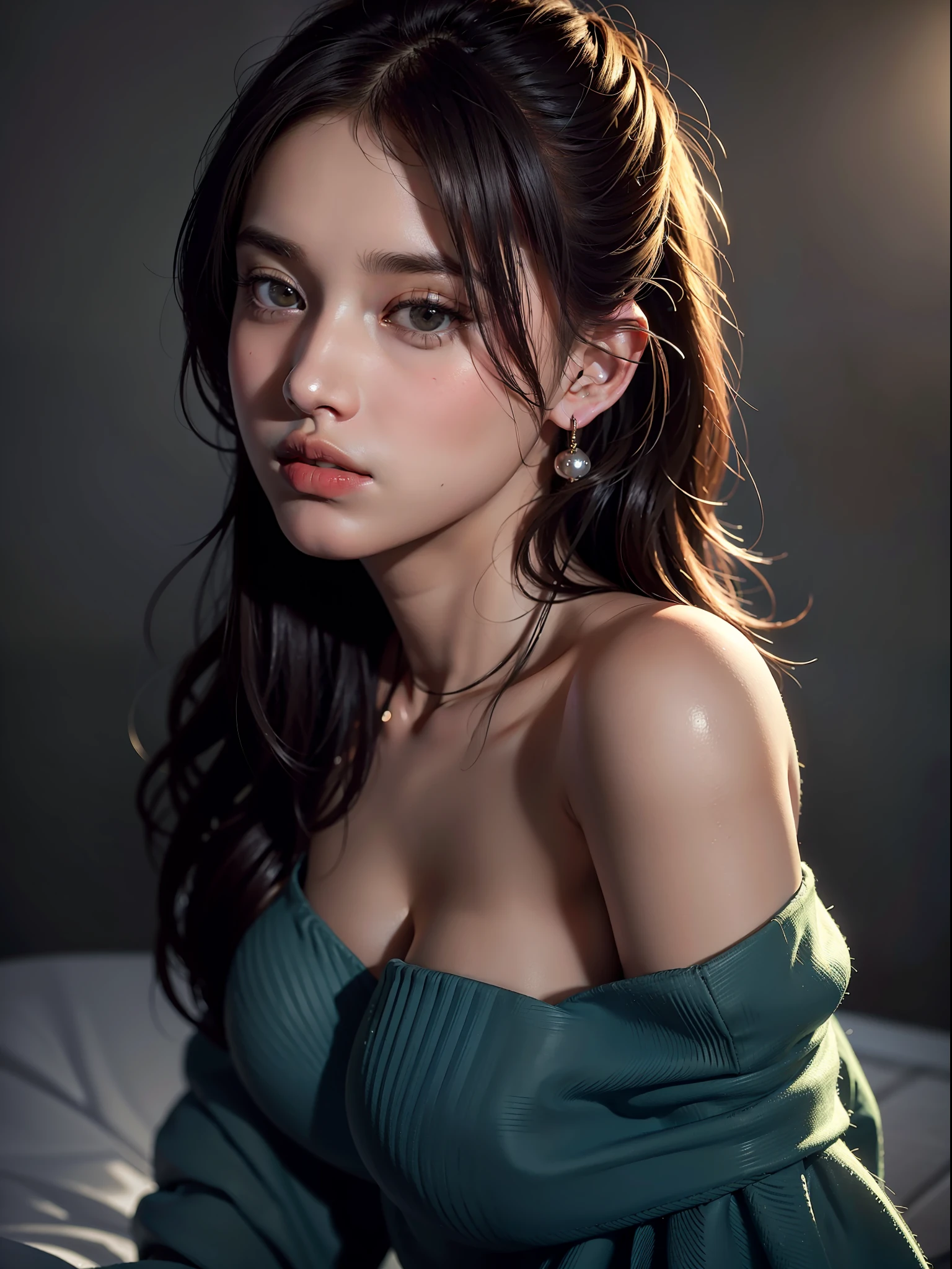 Best quality, masterpiece, ultra high res, (photorealistic:1.4), raw photo, 1girl, offshoulder, in the dark, deep shadow, low key, cold light, at Allen career institute Kota Rajasthan