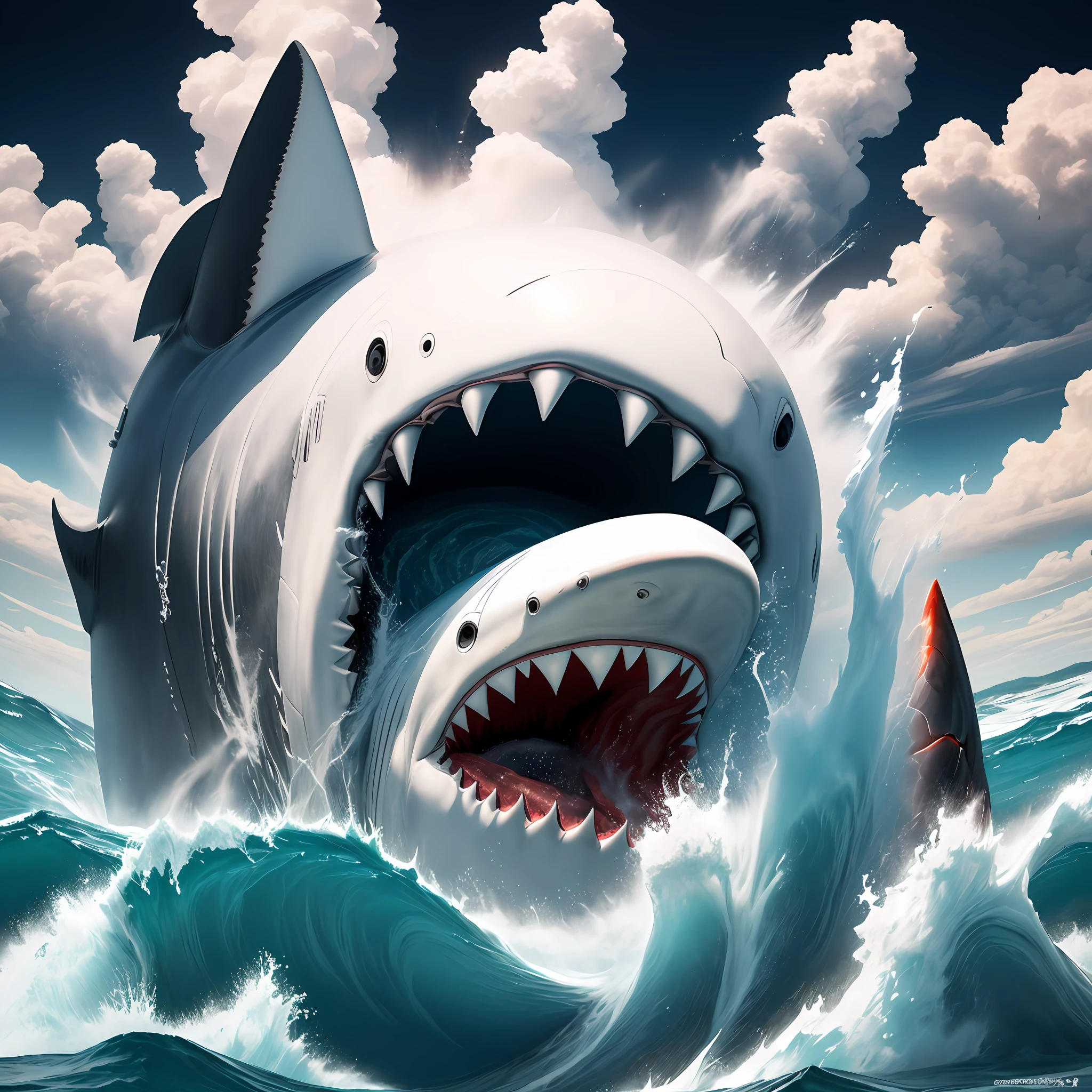 Creates an image of a great white shark swimming in a river boiling fire lava from a volcano, furrowed brow, Cubist Futurism, Wide-Angle, high details, 8k