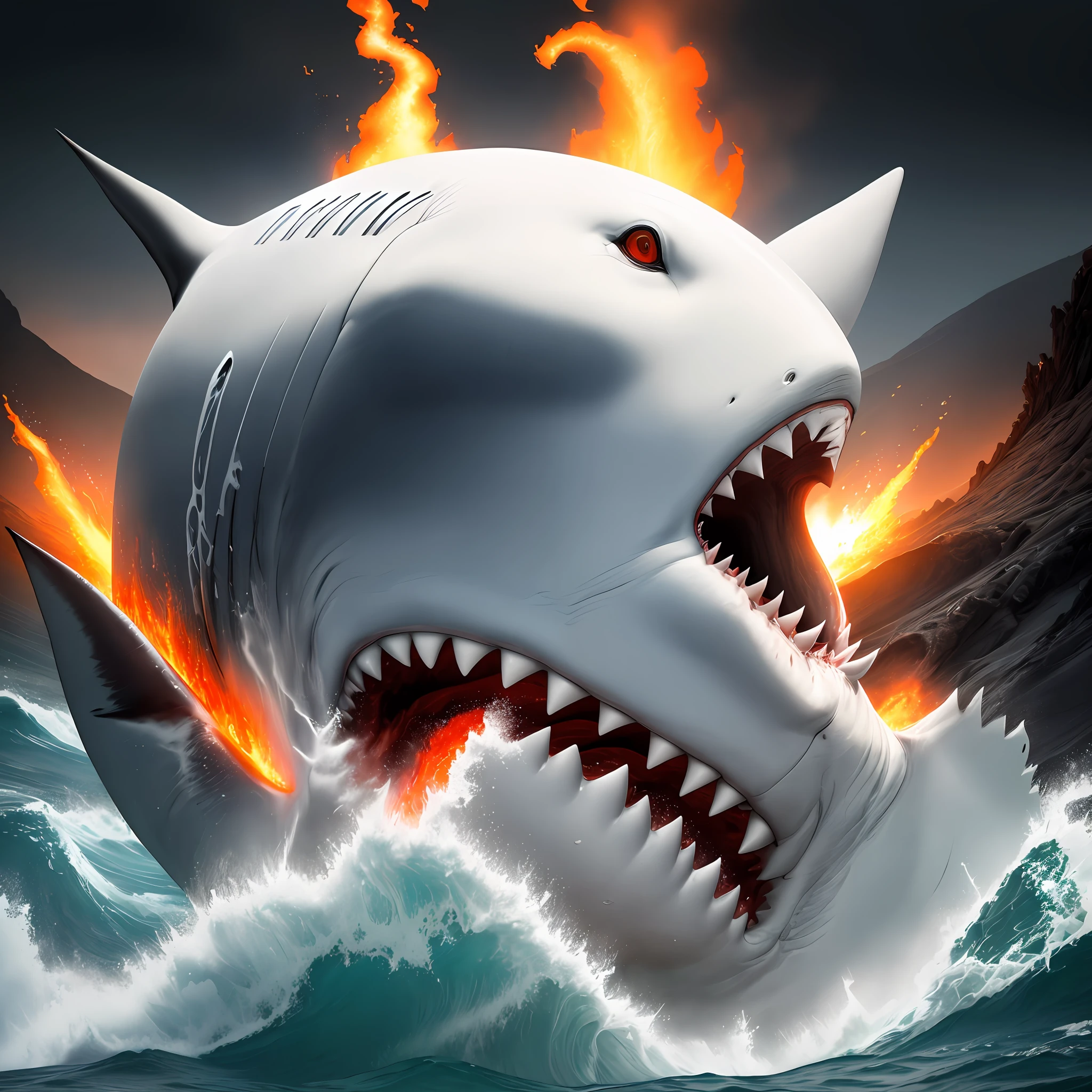 Creates an image of a great white shark swimming in a river boiling fire lava from a volcano, furrowed brow, Cubist Futurism, Wide-Angle, high details, 8k