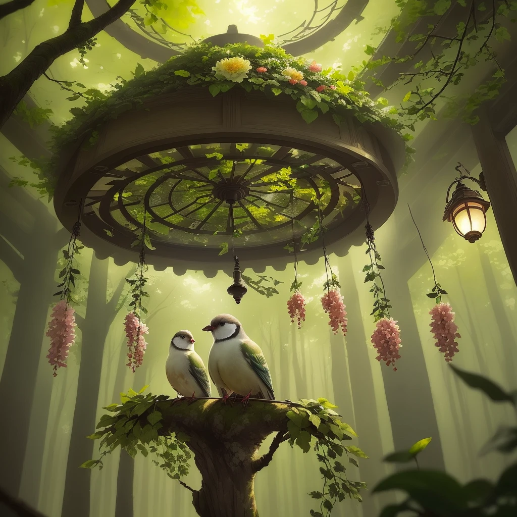 bird should be surrounded by leaves and flowers, and the technique to be used should be professional watercolor. Pay attention to achieving a harmonious color palette, lighting, and composition. The image should convey a sense of tranquility and nostalgia, capturing the beauty of nature in the forest.