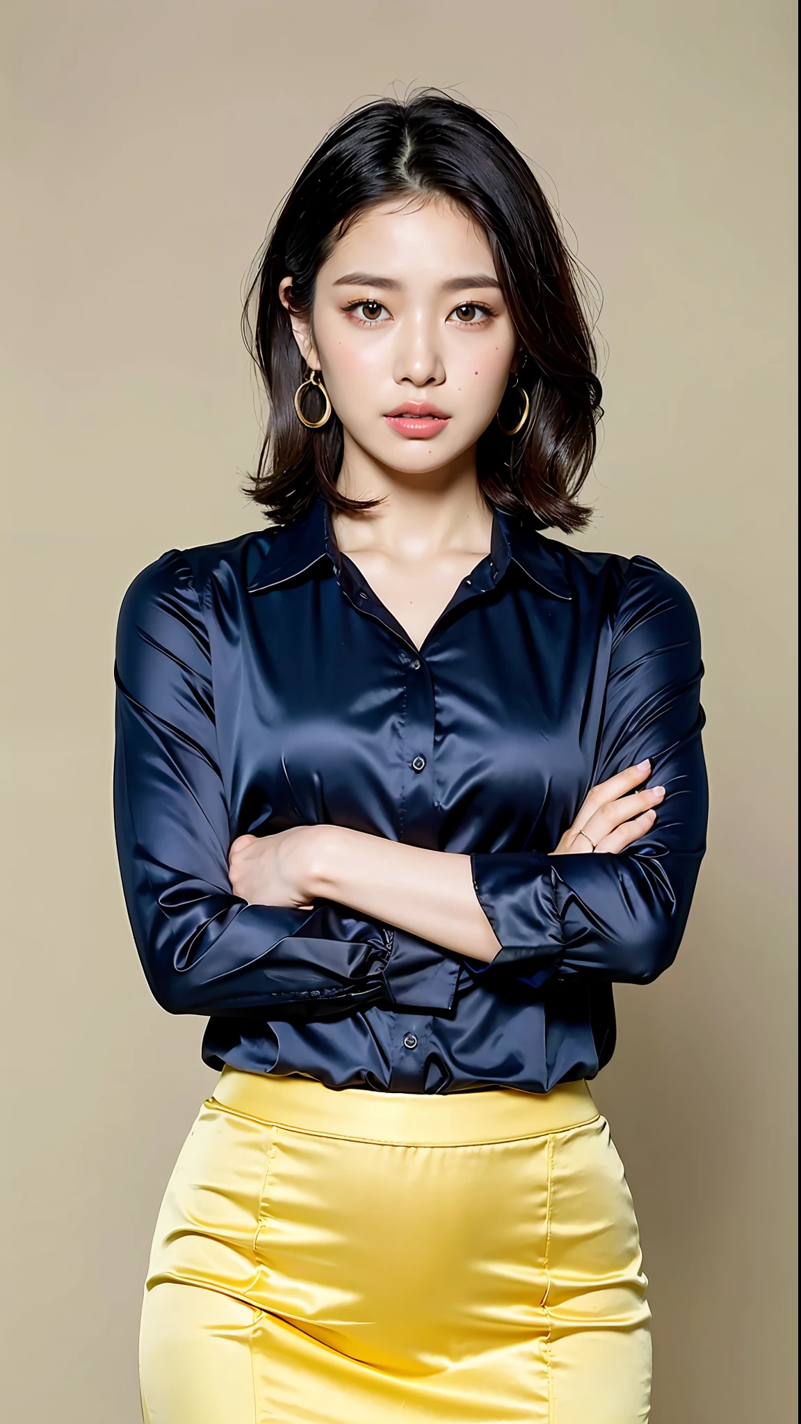(Best Quality, 8k, 32k, Masterpiece, UHD:1.2), pretty Korean woman picture, very big breasts, very short bobbed hair, very realistic skin texture, fine facial noise, very detailed lips, cowboy shot, face focus, yellow-green skirt, earrings, dark studio background, uniform lighting, looking at the viewer, soft and smooth body, slender body, wide hips, thick thighs, contraposto, esza pose
