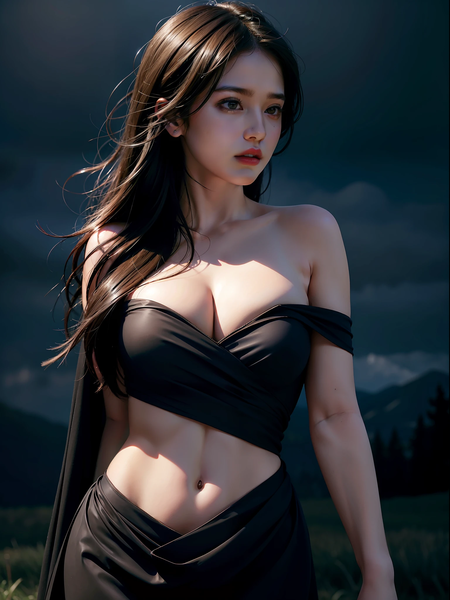 Best quality, masterpiece, ultra high res, (photorealistic:1.4), raw photo, 1girl, offshoulder, in the dark, deep shadow, low key, cold light, at the Terris clouds visible