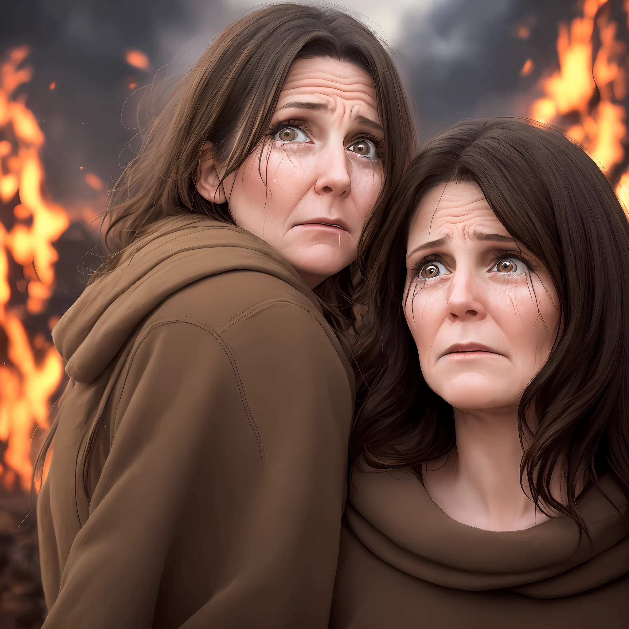 Brunette 40 year old woman, extremely scared face looking up, tears in her eyes, scenery hell, fire, satan