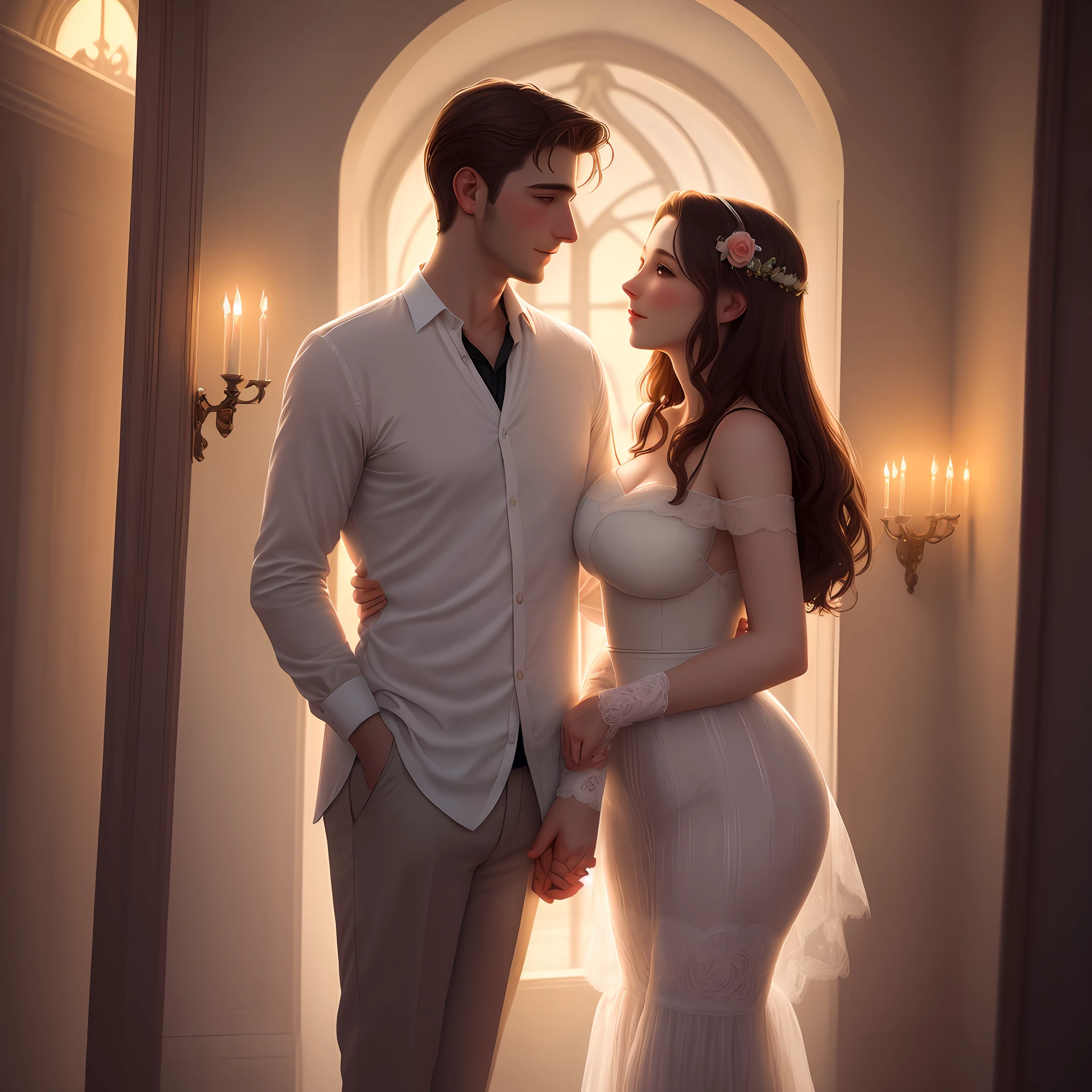 European couple, beautiful, young, in love, romantic, hyper realistic, heart scenery, diffused light, many hearts, ((masterpiece)), modernism