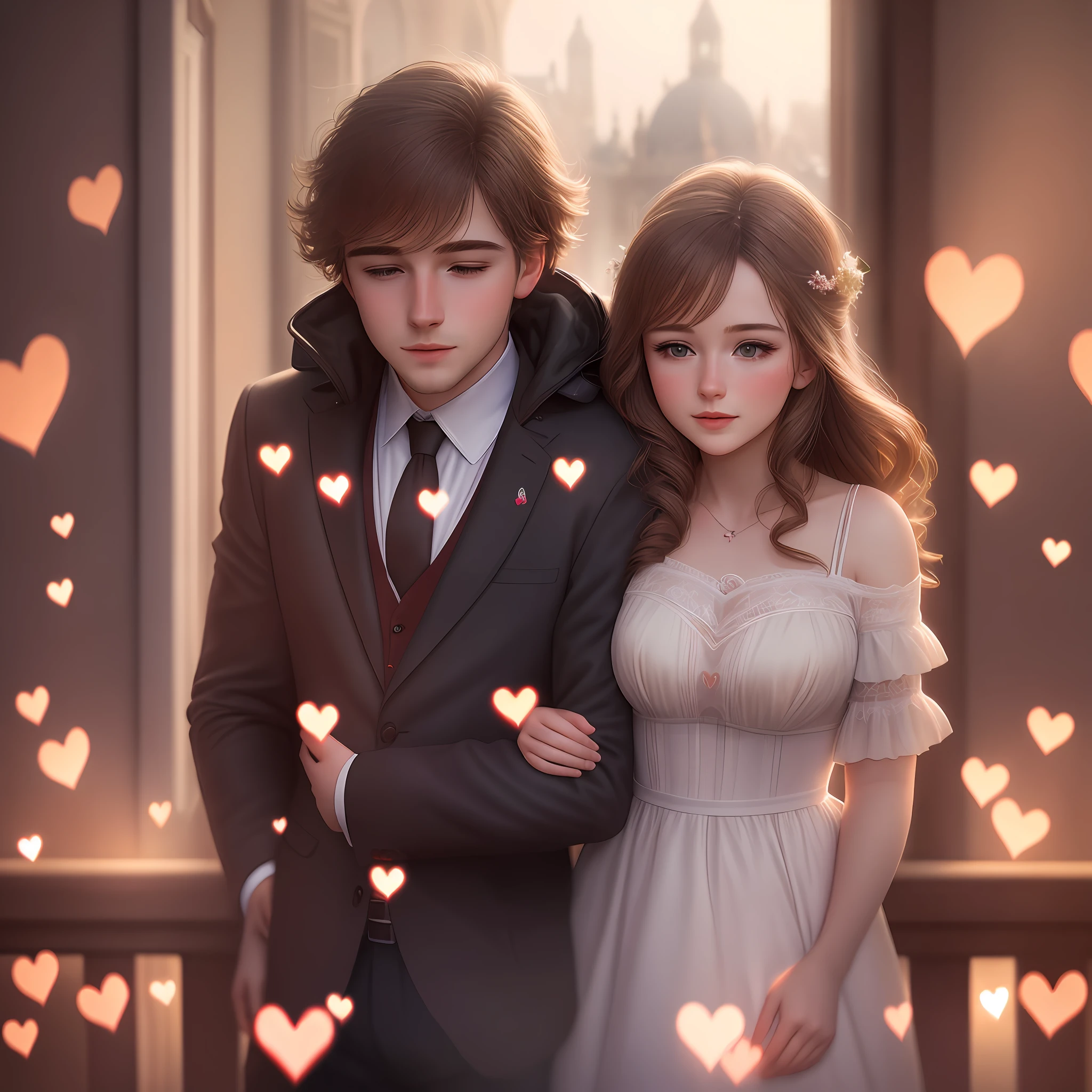 European couple, beautiful, young, in love, romantic, hyper realistic, heart scenery, diffused light, many hearts, ((masterpiece)), modernism