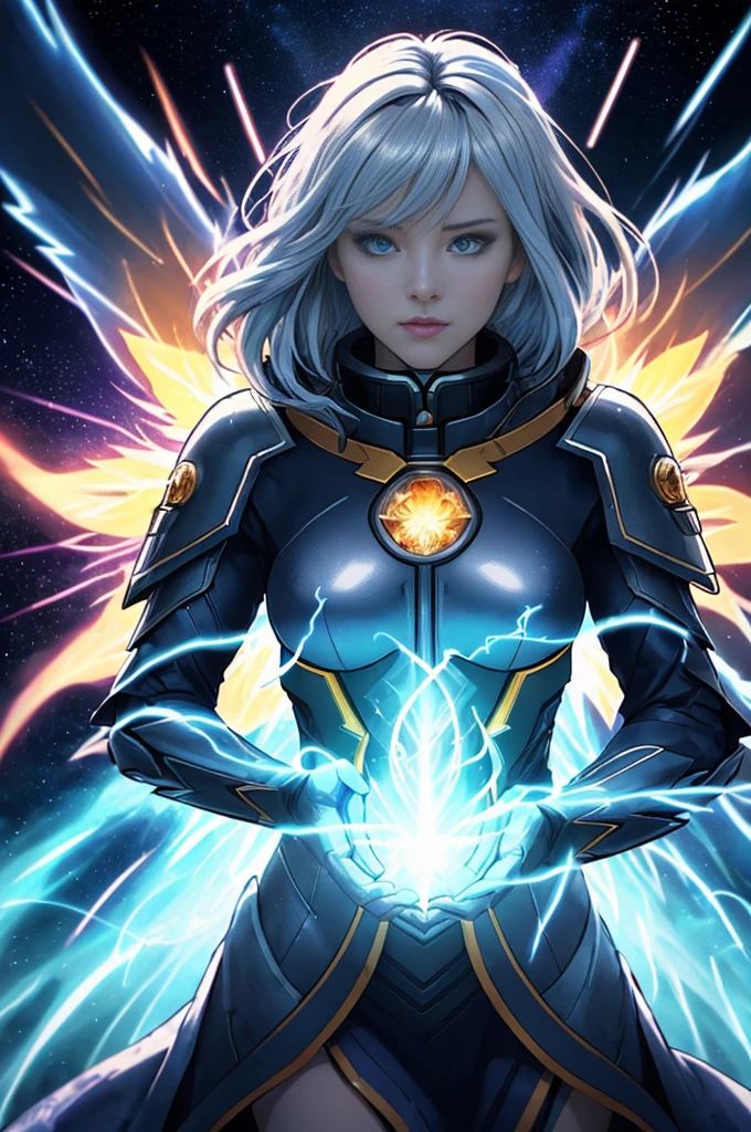 Digital Ilustration, Anime style, Woman, elemental mage, wreathed in blue flames and yellow rays, depth of field, beautiful, (((highly detailed))), ((hyper-realistic)), cinematic lighting, dark, space background, soft cinematic lighting, (backlight: 1.2), (bloom: 1.2), (bright light: 1.1), (chromatic aberration: 1.2), sharp focus, hdr ,32k, masterpiece, ((photorealistic))