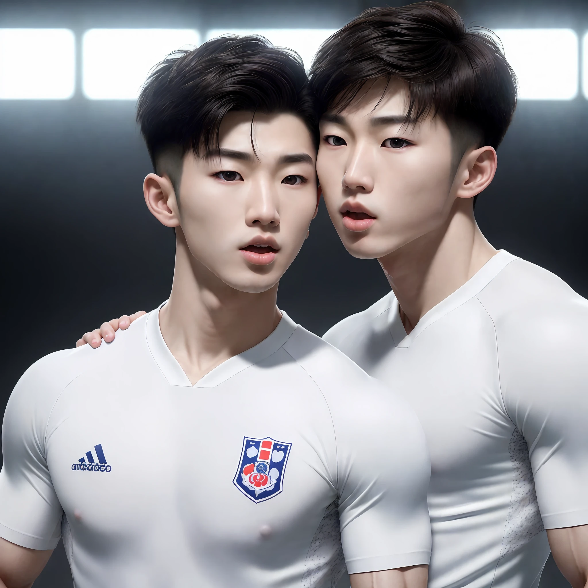 (masterpiece, ultra quality, high resolution, 8k, intricate: 1.2), (detailed face:1.2), handsome, Young Korean man ,white skin, double eyelids , detailed skin, 1boy, ((realistic)), abs, good lighting quality, muscle veins, ((pale skin)),wearing tight soccer uniform, properkissing with their tongues out,