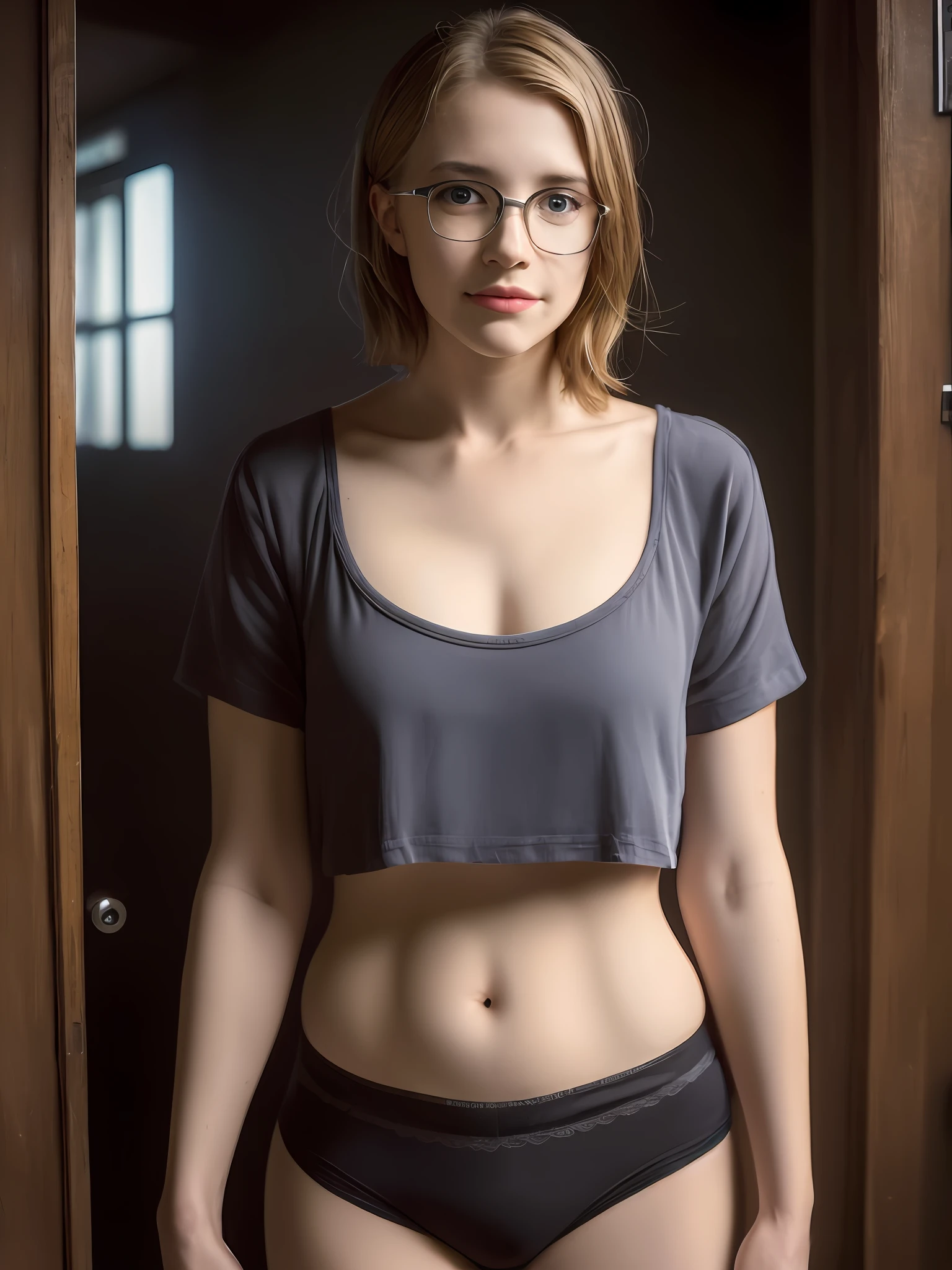 Portrait of an 18 year old British woman, dark hair, short hair, wearing cotton underwear with black framed glasses, transparent clothing, at the door, (dark private study, dark and moody light: 1.2), smiling