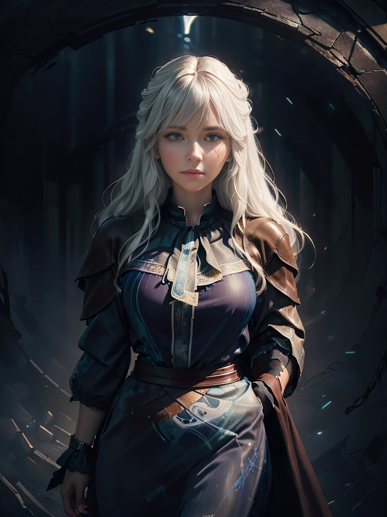 (front focus),(in the dark:1.6), Hyperrealist portrait of female by david hockney and alphonse mucha,fantasy art, photo realistic, dynamic lighting, artstation, poster, volumetric lighting, very detailed faces, 4 k, award winning,, 1girl, in the dark, deep shadow, low key,cowboy shot,(official clothing:1.4) ,long hair,white hair,