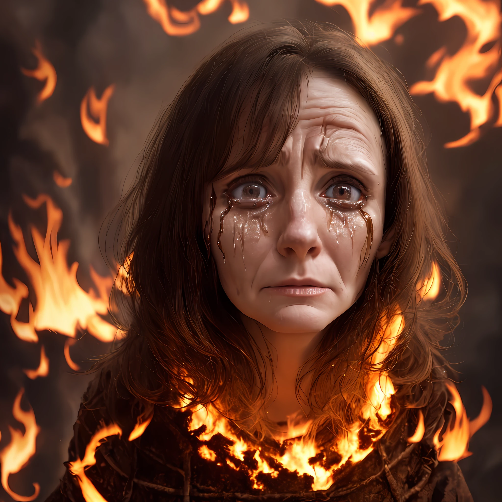 40 year old brunette woman, extremely scared face looking up, being burned alive, tears in her eyes, scenario hell, fire, satan, demons torturing souls.