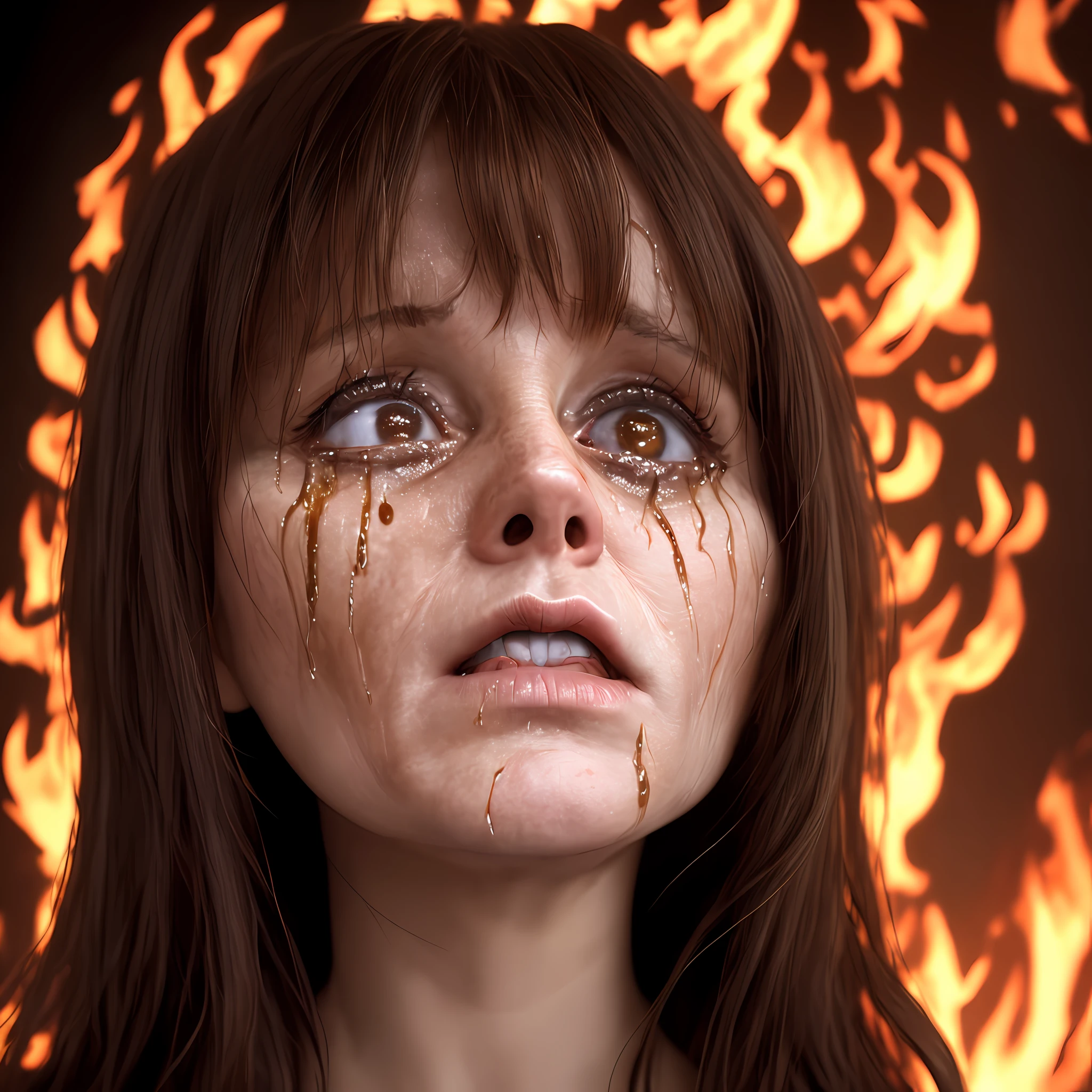 40 year old brunette woman, extremely scared face looking up, being burned alive, tears in her eyes, scenario hell, fire, satan, demons torturing souls.