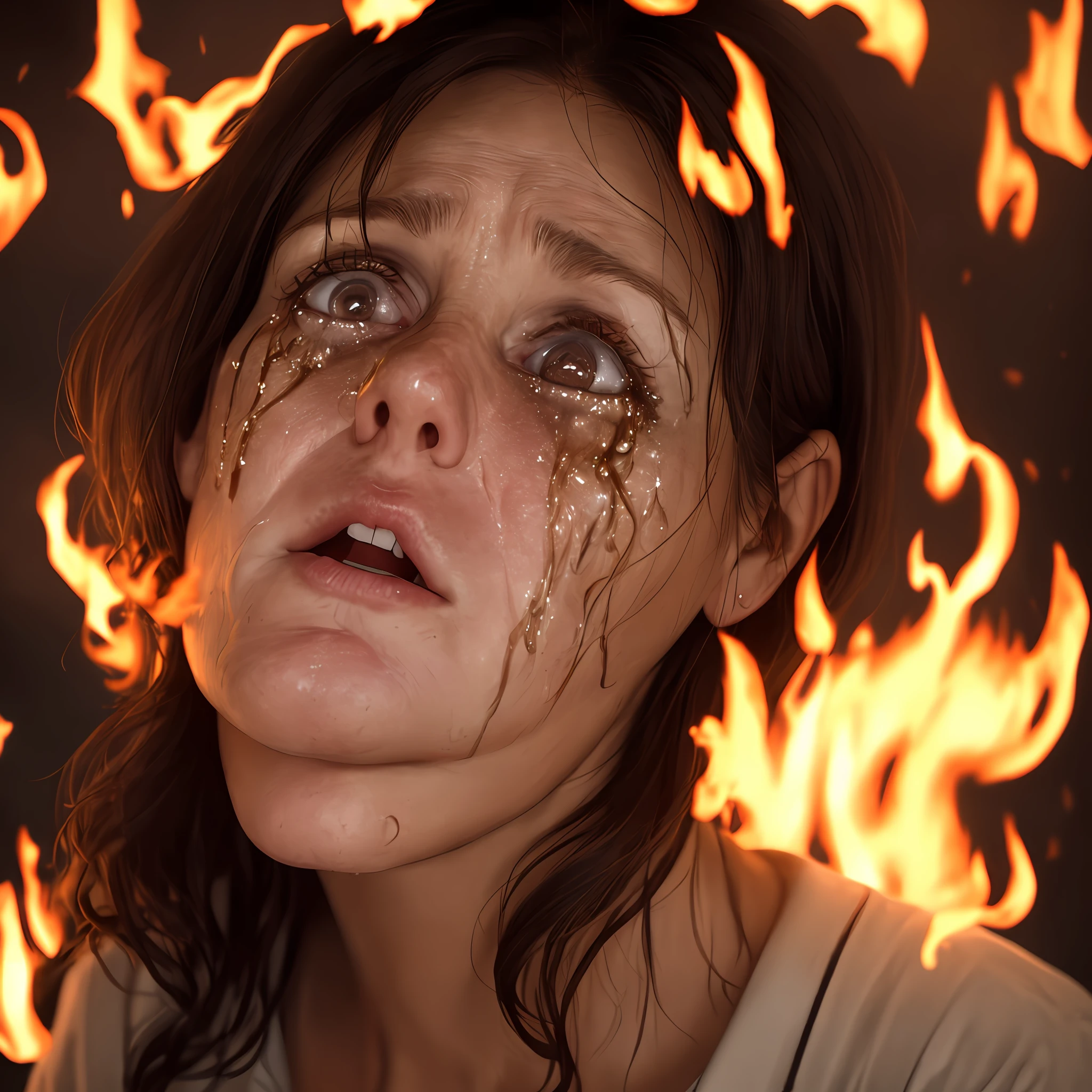 40 year old brunette woman, extremely scared face looking up, being burned alive, tears in her eyes, scenario hell, fire, satan, demons torturing souls.