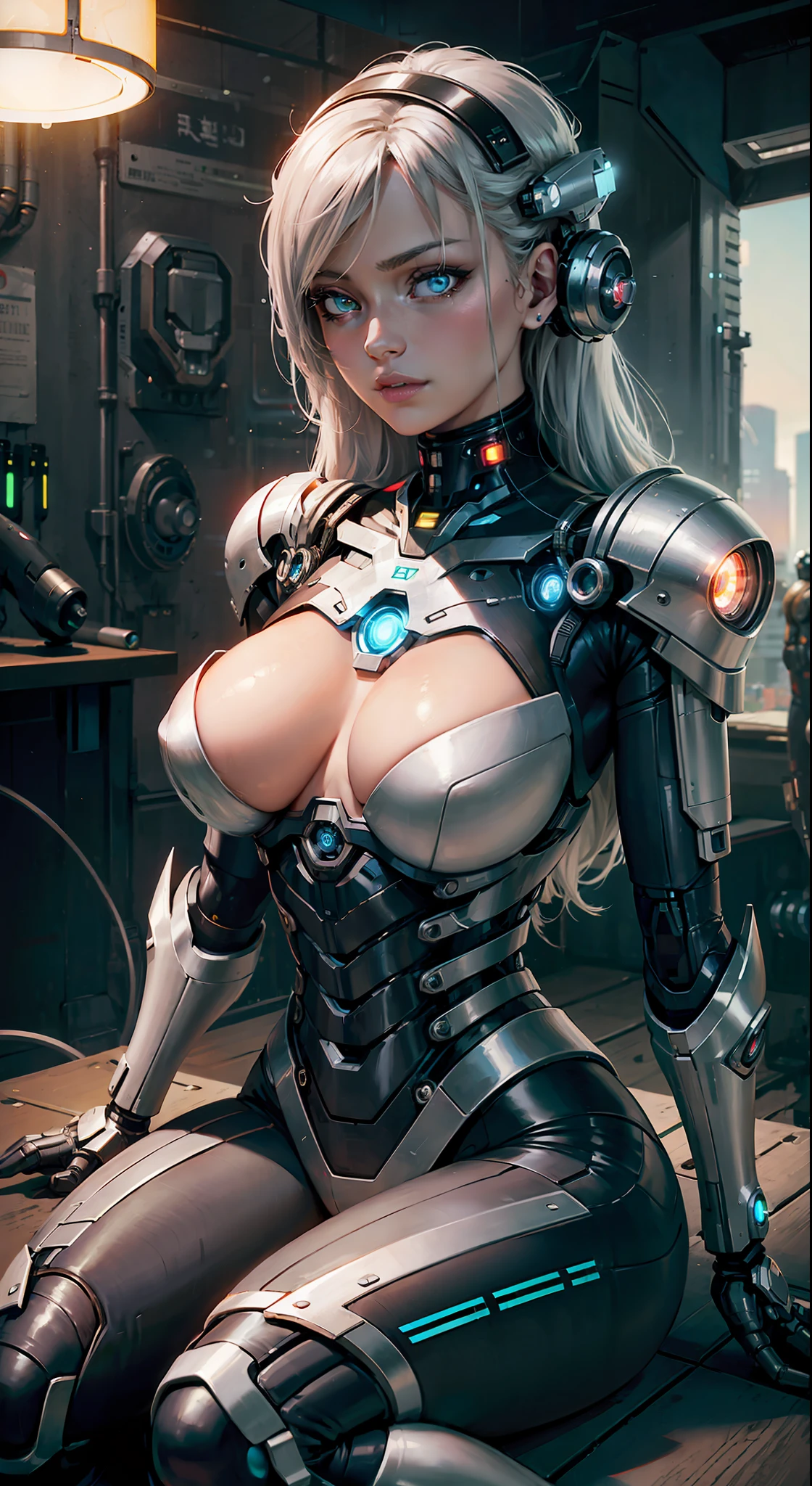 glowing eyes, neon breast, arafed woman in a futuristic suit sitting on a table, beutiful white girl cyborg, cute cyborg girl, perfect anime cyborg woman, perfect android girl, cybersuit, cyborg girl, beutiful girl cyborg, cyborg - girl with silver hair, girl in mecha cyber armor, biomechanical oppai, cyber suit, beautiful female android!, cyborg - girl