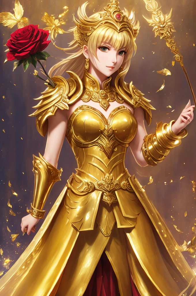 arafed image of a woman in a gold outfit holding a rose, knights of zodiac girl, portrait knights of zodiac girl, full body xianxia, saint seiya, xianxia hero, fus rei, official art, gemini gold cloth, inspired by Huang Shen, cushart krenz key art feminine, anime goddess