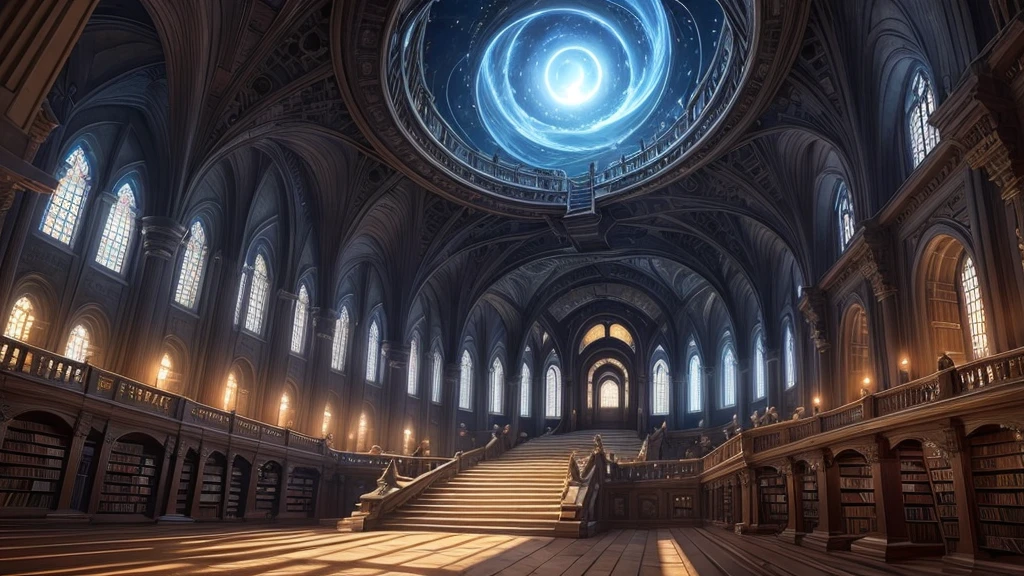 staring up infite climbing celestial library spiraling towards light, books, spirals, escher, dark souls, bloodborne fantastical, magical library, gradient, fantasy, trending artstation, fractals, ornate, matte painting --ar 1:3 --q 0.5