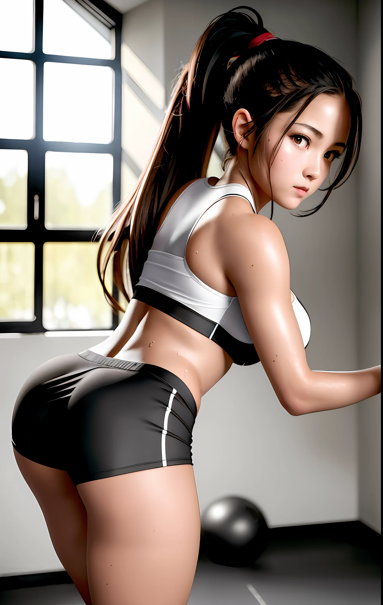 best quality, masterpiece, high_res, 1girl, Beautiful face, photo realistic, rim lighting, (high detailed skin:1.2), 8k uhd, dslr, high quality, high resolution, 4k, 8k, Bokeh, medium breasts, absurdres, ponytail contorted, best ratio four finger and one thumb, drenched shirt, drenched body, no bra, gym storeroom, 1girl, (realistic:1.2), gym uniform, dimly lit, backlighting, dark, looking back, masterpiece, best quality, highly detailed
