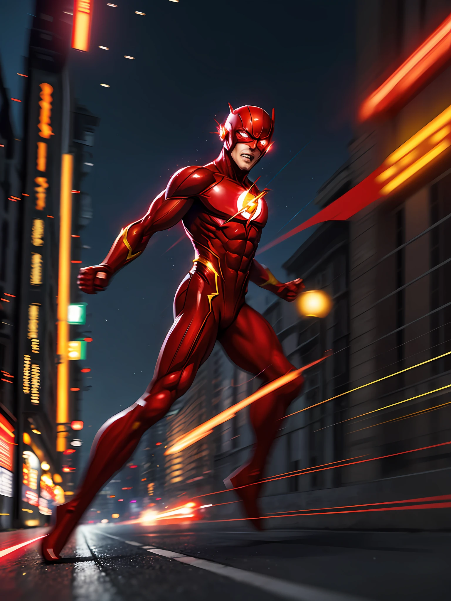 flash superhero running through street, red costume, motion lines, motion blur, night, yellow glow, particles, light trail