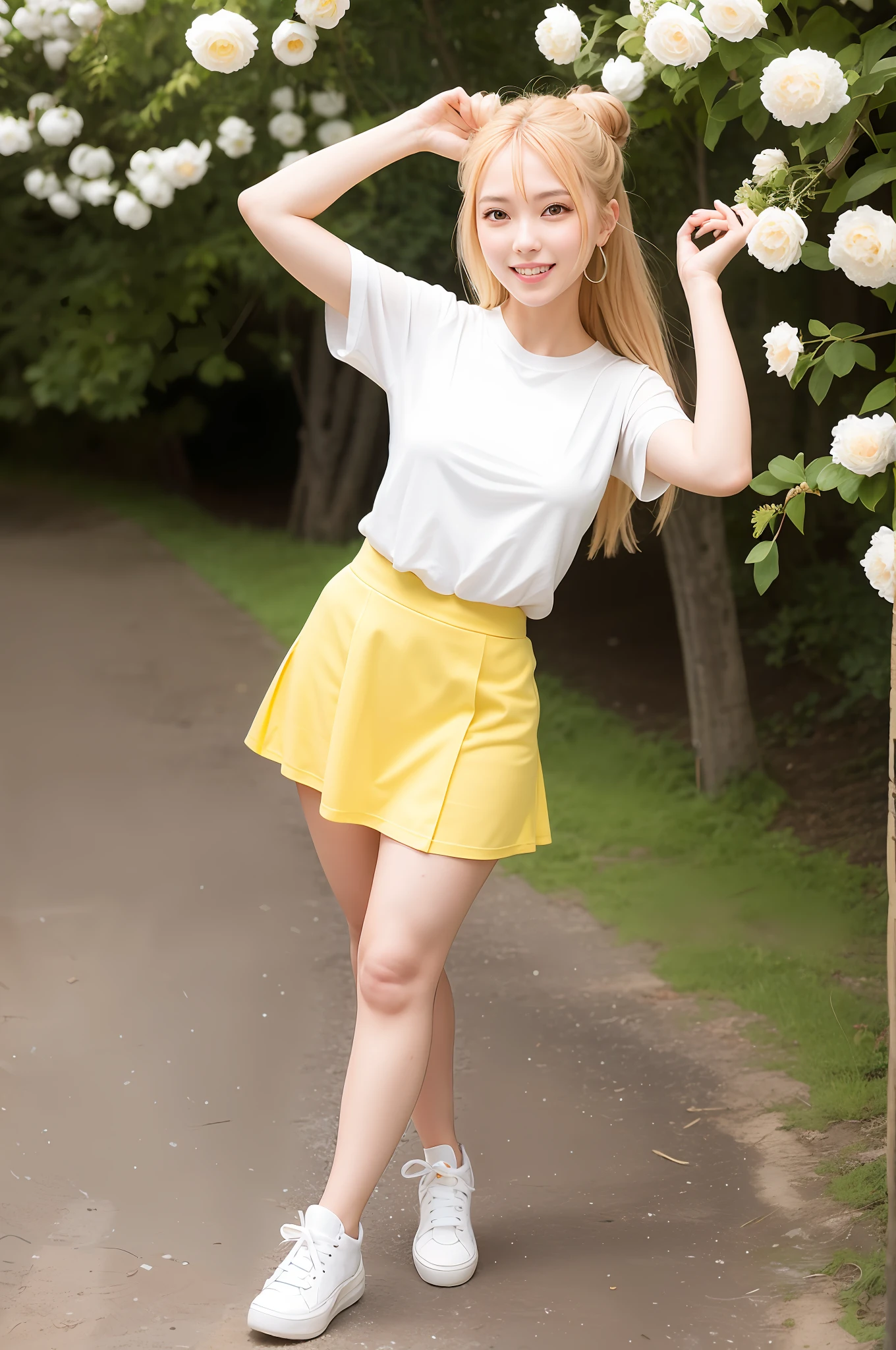 SFW, 1girl, 25 years old, beautiful and charming classical Chinese beauty, full body shot, bright and charming peach blossom eyes, pink lips, beautiful delicate and charming face, round chin, tall and charming figure, walking, beach, path, soft background Light, shining on the body, (yellow skirt and white T-shirt), blonde, long hair, smiling, stretching arms, raising hands, beautiful, happy, (white flowers:1.2), path, outdoors, (masterpiece:1 ,2), best quality, master, highres, original, perfect lighting, (very detailed CG:1.2), realistic, super realistic