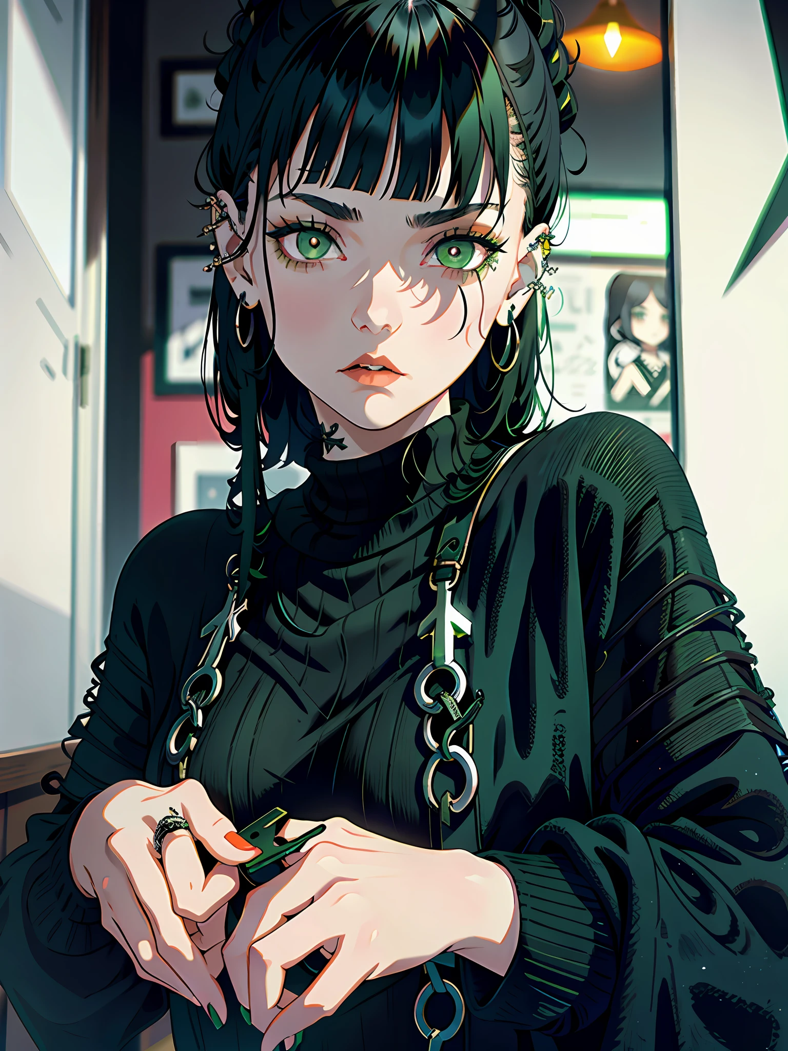 ruffled woman with black hair and green sweater holding scissors, pale gothic beauty, piercing gaze, dark piercing eyes, she has black hair with bangs, goth girl, with anxious piercing eyes, black hair and big eyes, wearing a dark sweater