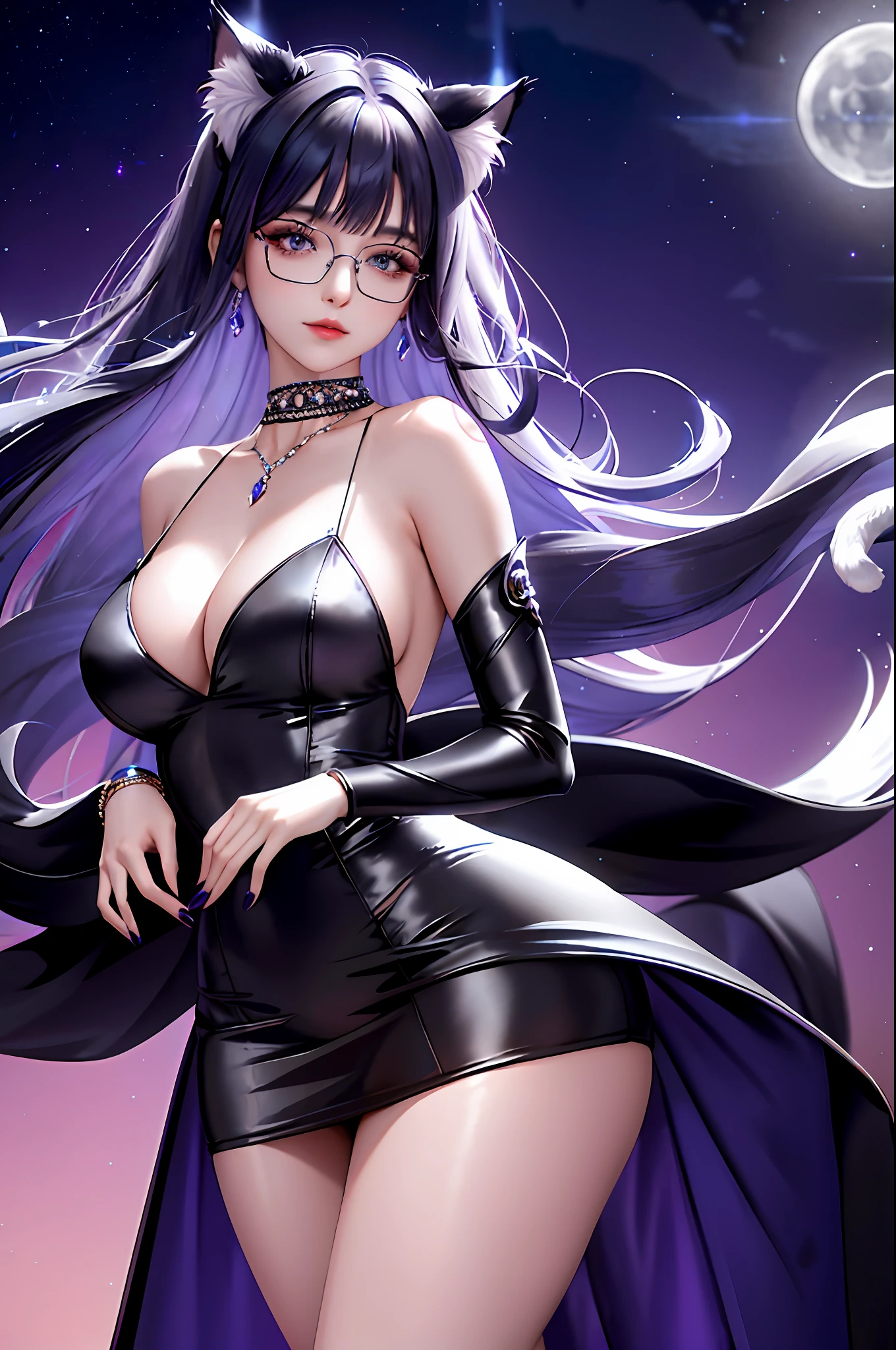 (Luna is a striking and alluring Cat Girl with an aura of mystery. Her appearance is a harmonious blend of feline grace and human charm. Here are the intricate details that bring her to life:

Ears and Tail: Luna possesses a pair of elegantly pointed, fluffy cat ears that sit atop her head. They are covered in soft, sleek fur that matches the color of her hair. Similarly, her tail gracefully sways behind her, matching the length and color of her hair.

Eyes: Luna's eyes are her most enchanting feature. They are a mesmerizing shade of deep amethyst, capturing the essence of twilight. The iris is adorned with delicate golden flecks that sparkle like stars, giving her gaze an otherworldly allure. They are expressive and filled with both curiosity and wisdom.

Hair: Luna's hair cascades down in luscious waves, silky and as dark as the night sky. It has a subtle sheen that catches the light, hinting at its underlying richness. Interwoven with her hair are strands of iridescent silver, reminiscent of moonlight, adding an ethereal touch to her overall appearance.

Facial Features: Luna possesses delicate and symmetrical facial features. Her cheeks are adorned with a gentle rosy hue, as if she carries a perpetual blush. She has a slender nose, complementing her perfectly proportioned lips, which bear a natural pinkish tint. Luna's attire is a fusion of feline elegance and human fashion. She wears a flowing, midnight-blue dress that accentuates her graceful movements. The fabric drapes elegantly around her figure, adorned with subtle silver patterns reminiscent of moon phases. Her dress is accompanied by a slender silver belt, featuring an intricate cat-shaped buckle.Luna's accessories further enhance her enchanting presence. She wears a delicate silver necklace adorned with a crescent moon pendant, symbolizing her connection to the night. Around her wrists, she wears silver bangles with intricate cat motifs, echoing her feline nature. Close up on face and wearing glasses