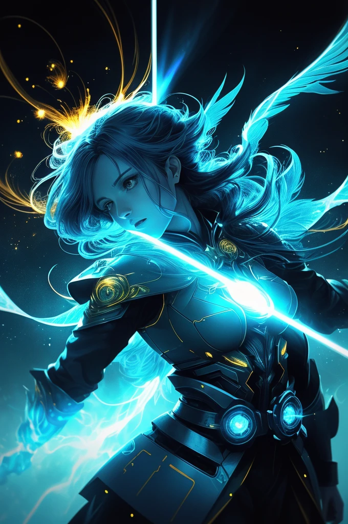 Digital Ilustration, Anime style, Woman, elemental mage wreathed in blue flames and yellow lightning, depth of field, beautiful, highly detailed, hyperrealistic, cinematic lighting, dark, space background, soft cinematic lighting, (backlight: 1.2) , (flowering: 1.2), (light brightness: 1.1), (chromatic aberration: 1.2), sharp focus, high contrast ,masterpiece, photorealistic