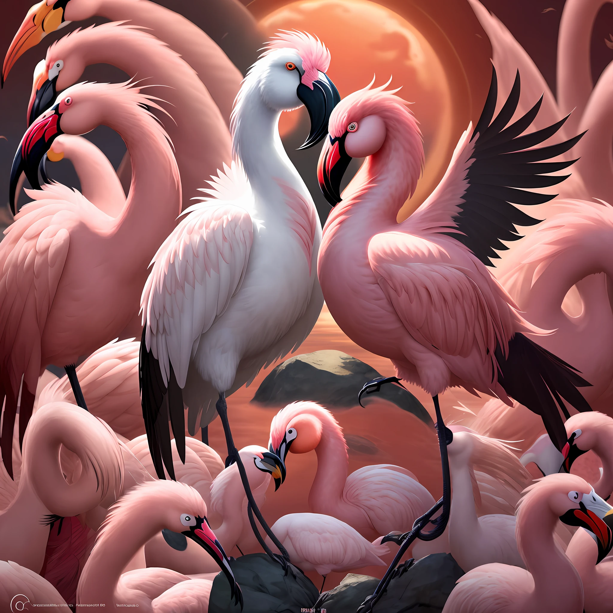 Make a cover for Cataloga, this cover has to have varieties of birds and also a logo called Flamingos the fudo of the image can be red with degrade