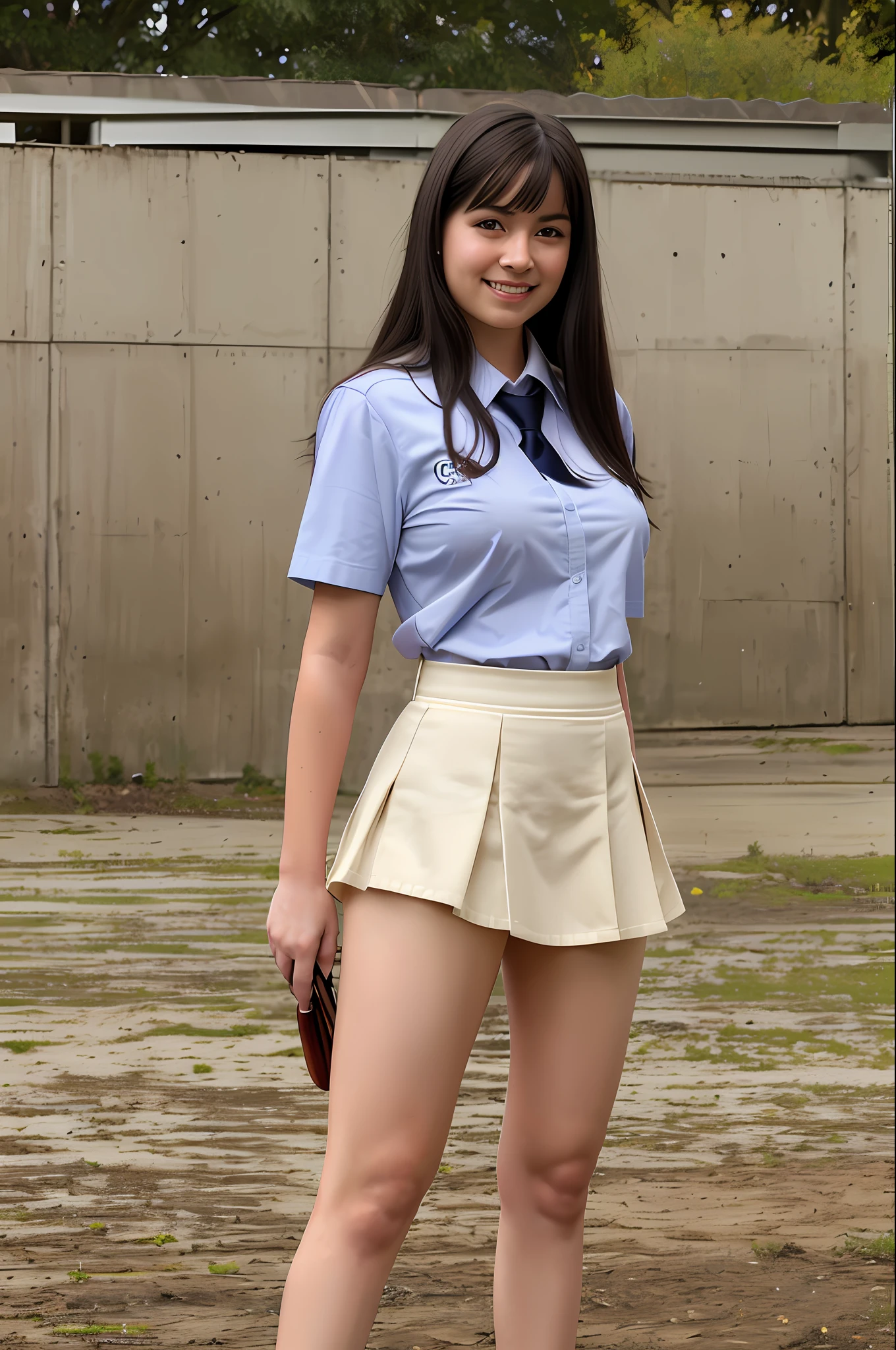 RAW photo, best quality, (photorealistic:1.4), ultra high res, 8k, realistic, film grain, soft lighting, sharp focus, cowboy shot,
1girl, 21 years old, standing, looking at viewer, sexy lips, (grin:1.1), peace sign, (finely detailed eyes:1.2), (school uniform:1.2), (micro skirt:1.4), big breasts, wide hips, (pubic hair:1.1), (no panties, npclearly, obviously no panties, partially visible crotch, groin:1.2),
outdoors, (school grounds:1.2),