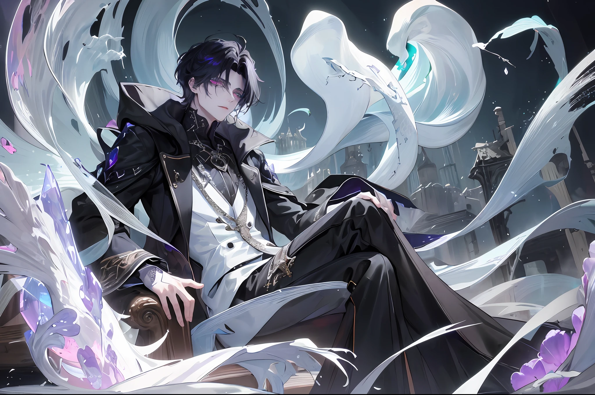 "In the depths of the forgotten realm of Nocturnia, a vampire boy named Asher emerges, shrouded in mystery and possessing a captivating appearance that sets him apart from the mortal world. Explore the intricate details that bring Asher to life.Asher's jet-black hair falls in sleek, glossy waves, reaching just below his shoulders. Strands of pure white and vibrant purple highlights are meticulously woven throughout, creating an ethereal contrast that shimmers in the moonlight. Each lock seems to possess a life of its own, dancing with an otherworldly glow.
Eyes: Asher's eyes tell a tale of duality. One eye, crystal blue like a frozen lake, exudes an aura of innocence and purity. Its gaze holds a glimmer of compassion, hinting at the remnants of his humanity. In stark contrast, his other eye bears the mark of corruption, a swirling vortex of deep purple shades that emanates an ancient, mysterious power. It radiates an unsettling aura, symbolizing the darkness that intertwines with his immortal existence.Asher's skin is as pale as moonlight, reflecting his nocturnal nature. It is flawless and smooth, almost ethereal in its appearance. His complexion possesses a slight coolness to the touch, a testament to the immortality that courses through his veins.
Facial Features: Asher's facial features are striking yet delicate. His cheekbones are defined, lending an air of refinement to his visage. His lips, naturally rosy and plump, give a subtle hint of the hidden desires and forbidden pleasures that tempt him in the night.
Clothing: Asher's attire is a blend of timeless elegance and gothic charm. He wears a tailored, midnight-black coat that billows around him as he moves, its fabric whispering secrets of centuries past. Beneath the coat, he dons a form-fitting shirt adorned with intricate lace patterns, adding an element of sophistication to his ensemble. His trousers are made of supple black leather, clinging to his legs like a second skin. Detailed face and detailed ey