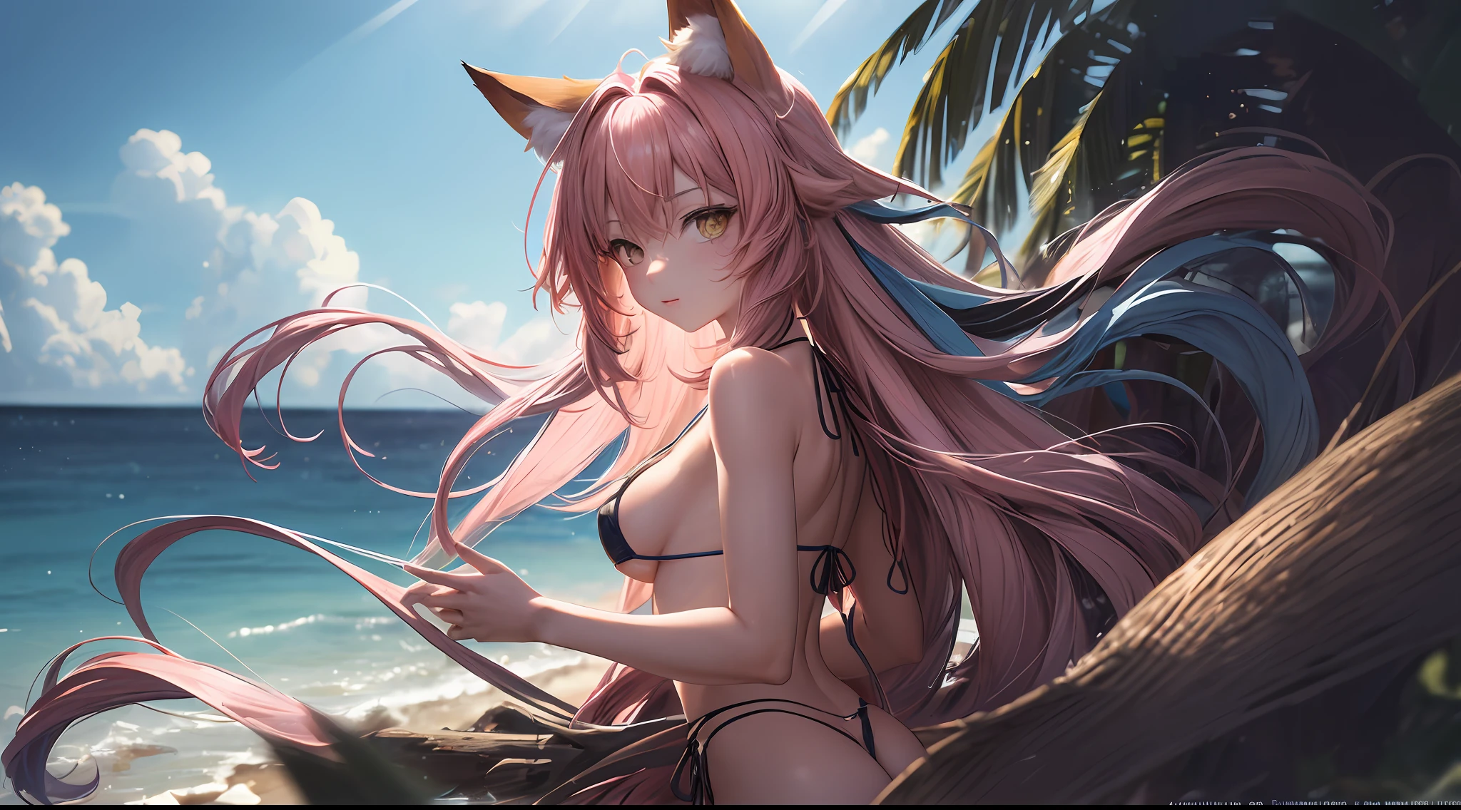 (best quality:1.3),(masterpiece:1.1), (best quality:1.3),(masterpiece:1.1),1girl , ,  focus on color , 1 girl , looking back ,fox ears , pink hair , long hair , yellow eyes mixed with red , hair contrasting with sunlight , tangled hair flying in the wind horizontally , pink and white clothes , one hand is held in front of the ????? , the background is a stream , the color is focused on blue , focusing on the light of the background , with a little grass green background ,full body, looking at viewer,Stand back to the viewer very lowleg, (tiny miniature microbikini:1.2), (string-only microbikini:1.4), black ??????, microbikini wedged in, ?????????????, outdoors, beach, shiny skin,
