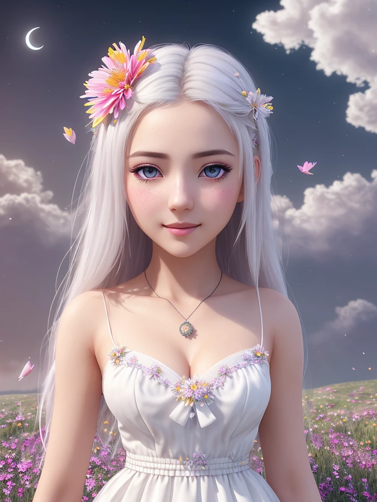 masterpiece, best quality,
1girl, (colorful),(finely detailed beautiful eyes and detailed face),cinematic lighting,bust shot,extremely detailed CG unity 8k wallpaper,white hair,solo,smile,intricate skirt,((flying petal)),(Flowery meadow)
sky, cloudy_sky, building, moonlight, moon, night, (dark theme:1.3), light, fantasy,