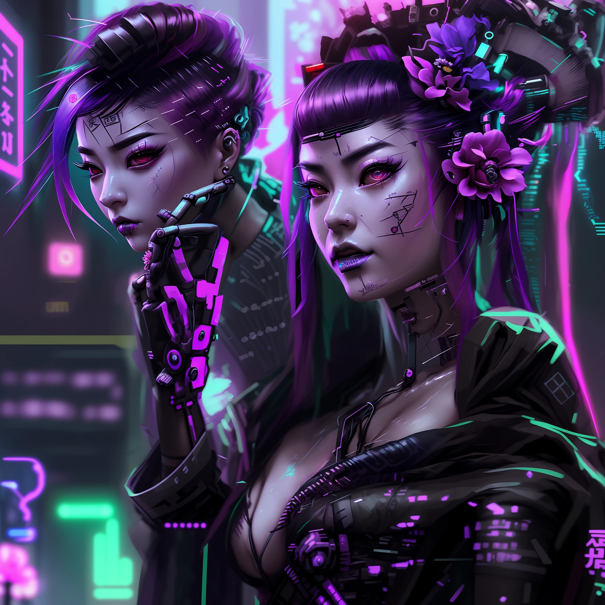 there is a woman with a flower in her hair holding a cell phone, in cyberpunk style, cyberpunk geisha, cyberpunk photo, cyberpunk art style, cyberpunk femme fatale, cyberpunk look, beautiful cyberpunk woman model, cyberpunk style, cyberpunk))), very beautiful cyberpunk samurai, in cyberpunk aesthetic, cyberpunk flowerpunk, cyberpunk girl, cyberpunk vibes, cyberpunk style ， hyperrealistic