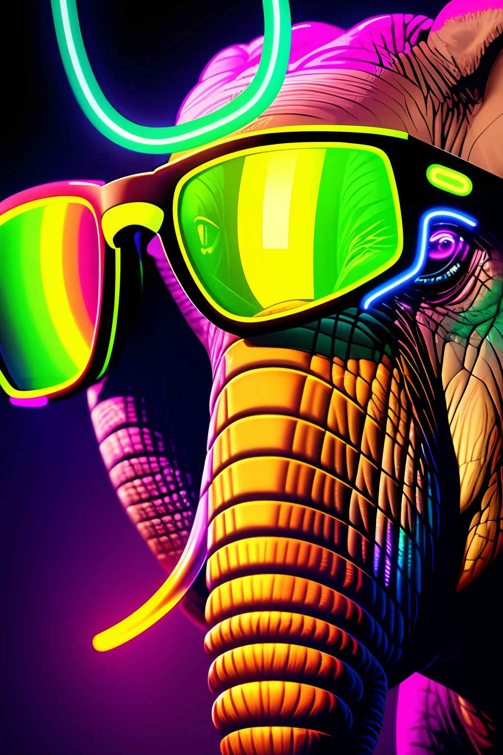 realism portrait of an African elephant animal wearing (glasses) ((neon)) background dark lighting, close-up, product view, detailed facial details, perfect face, sharpness, trend in arts, sharp facial details, cgsociety, digital art of ultra quality, hyper exquisite details, 4k, 8k neon lighting, --iso 100 dreamy, fashion -